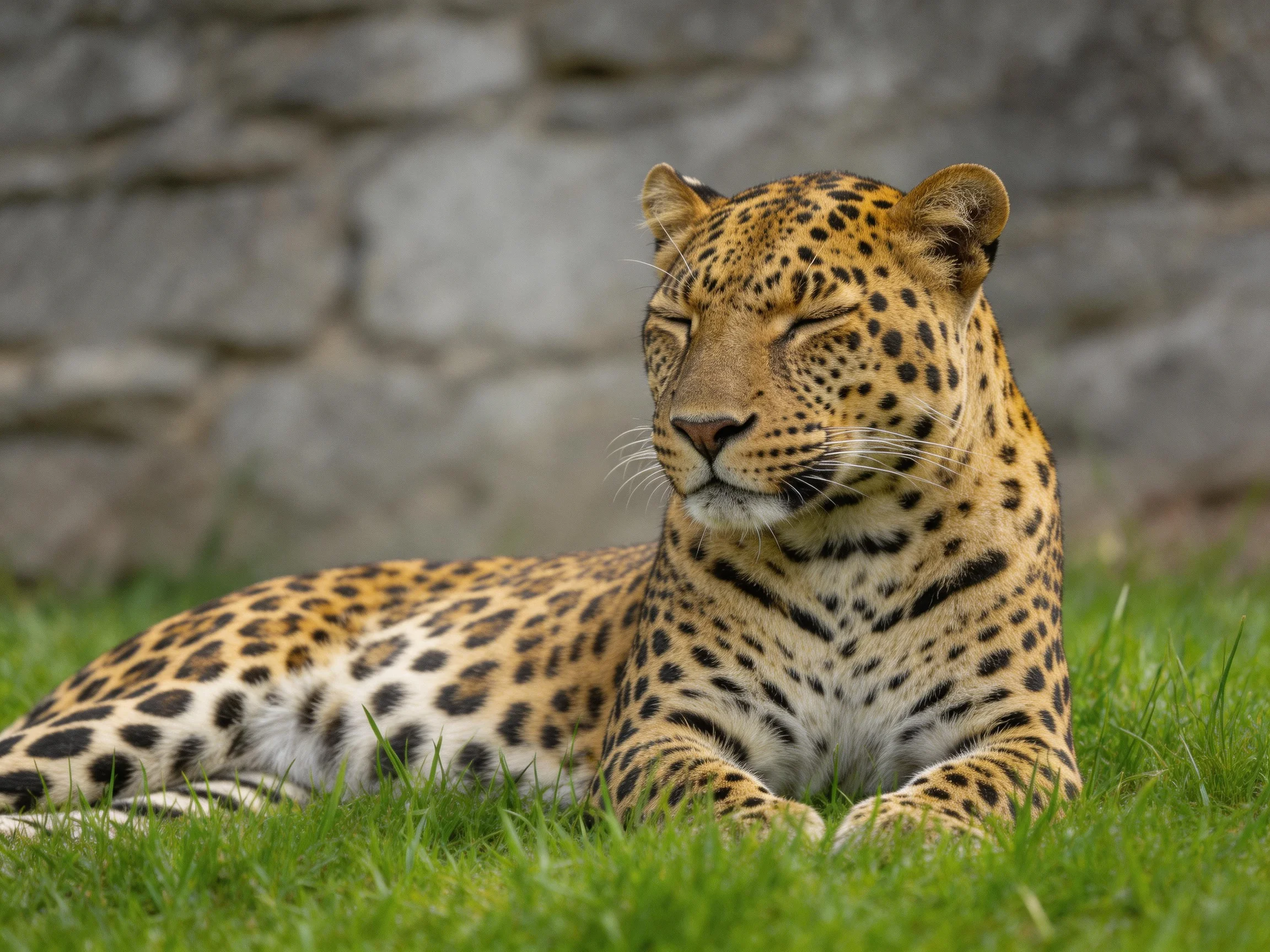 A leopard rests on lush green grass beside a gray stone wall
