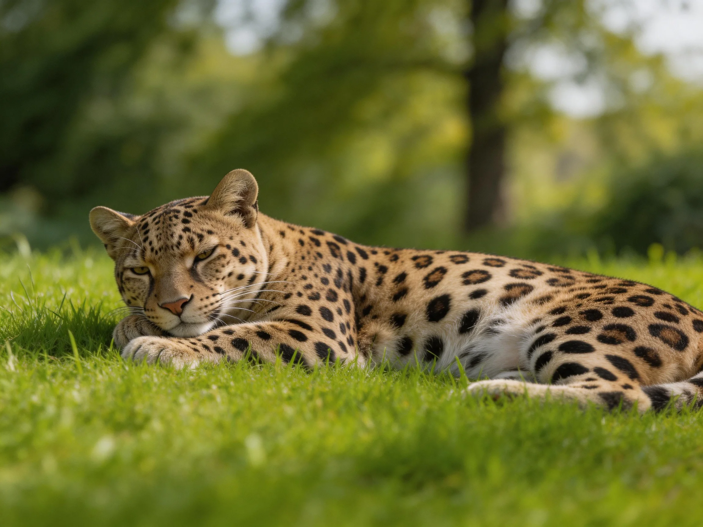 A leopard rests on lush green grass with distinct dark spots