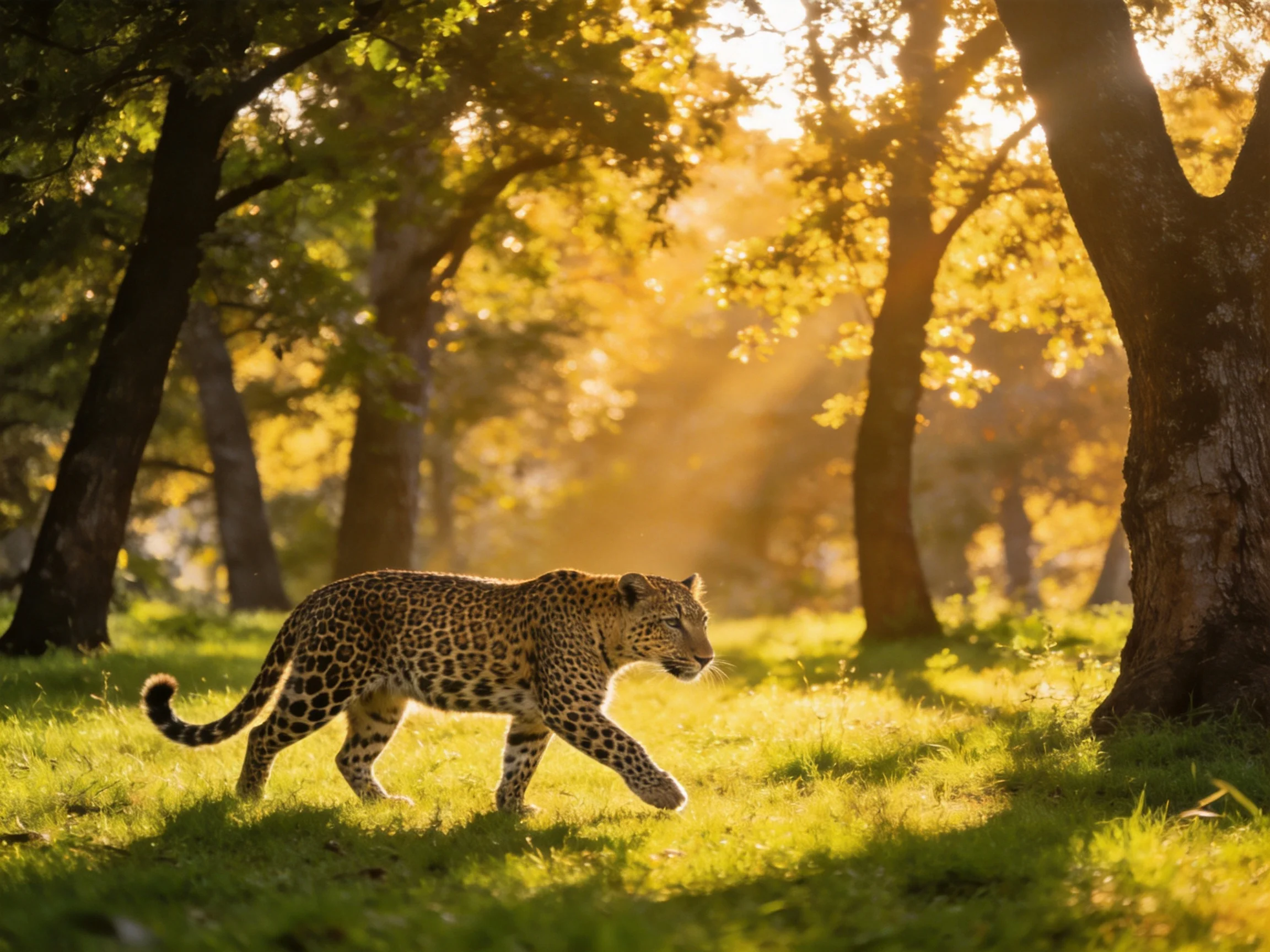 A leopard roams a sun-drenched forest glade