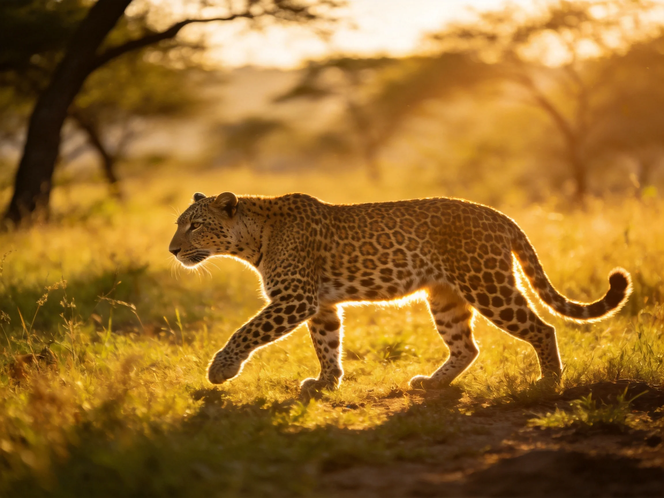 A leopard roams golden savannah grass at sunset