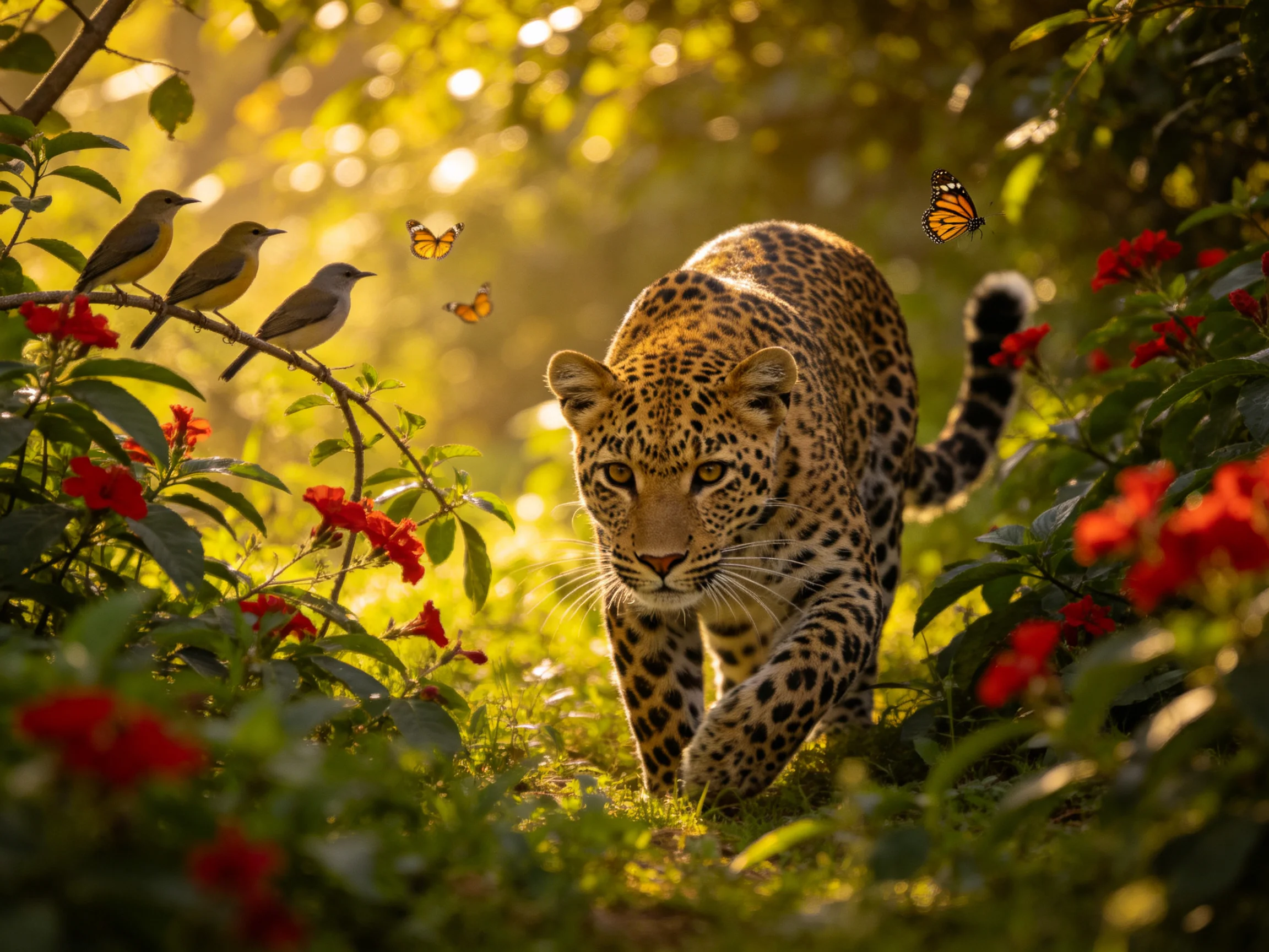 A leopard moves through sunlit greenery with colorful wildlife.