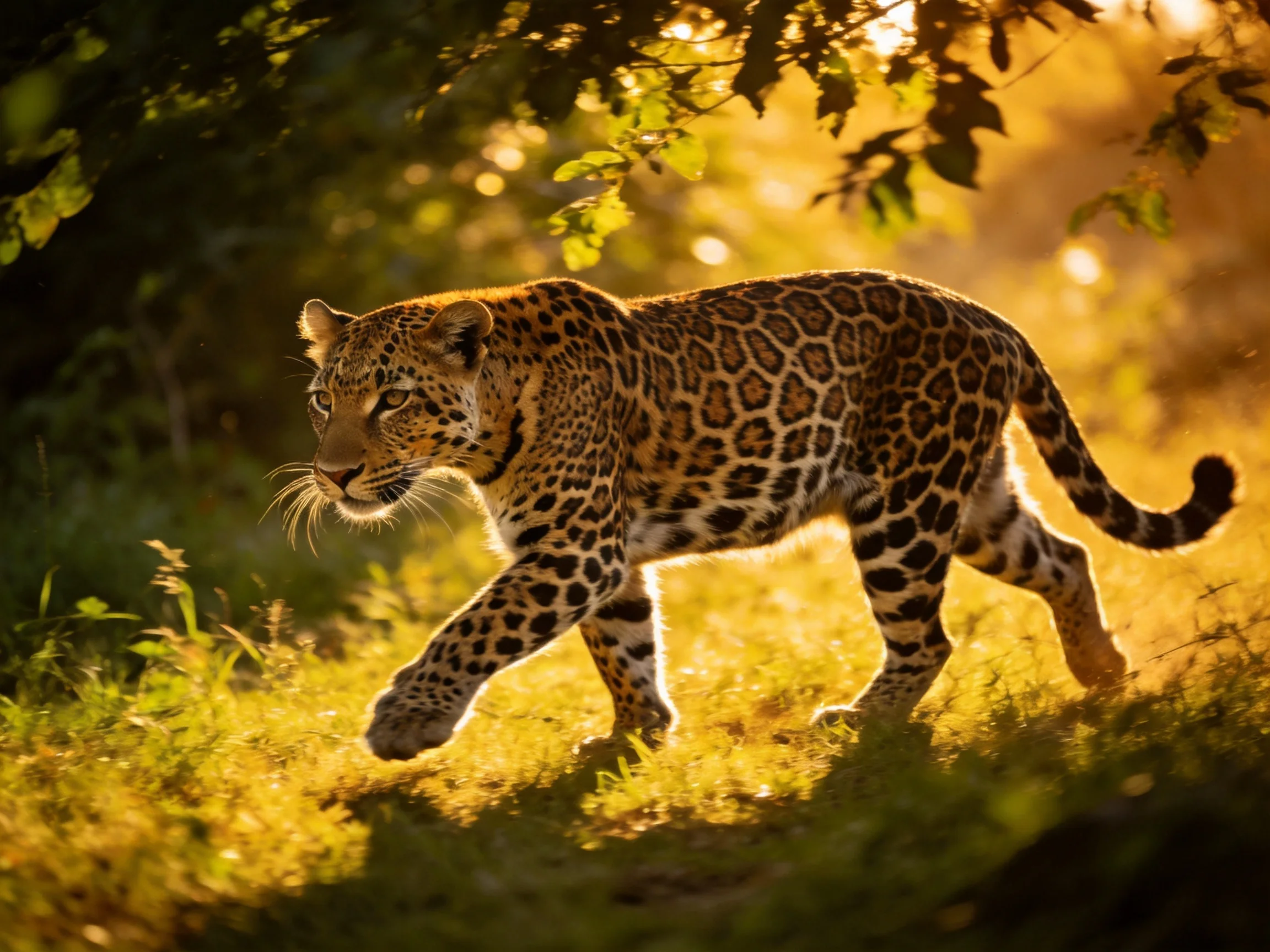 A leopard roams through golden sunlight in lush greenery