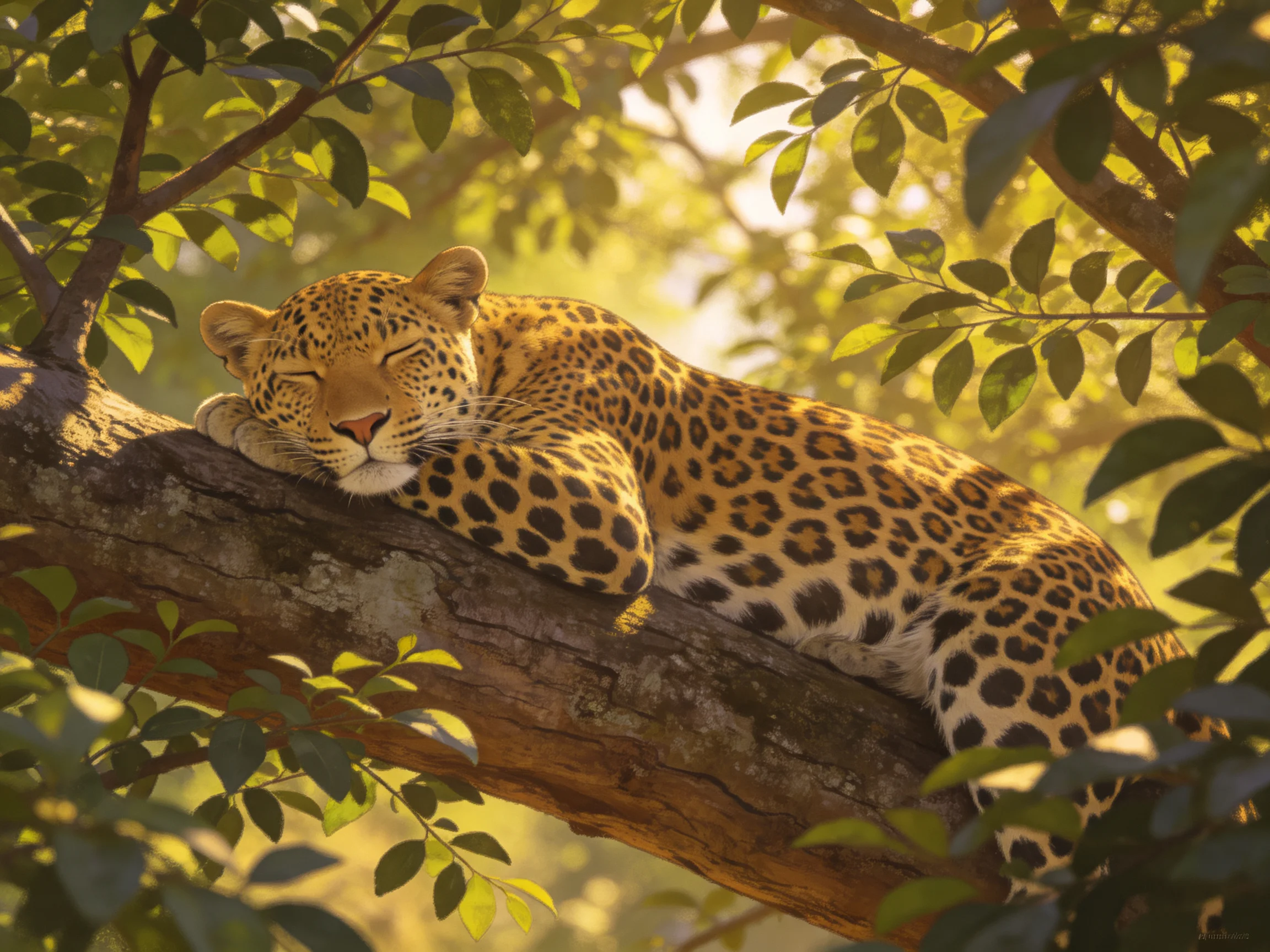 A leopard sleeps on a thick tree branch amid lush green foliage