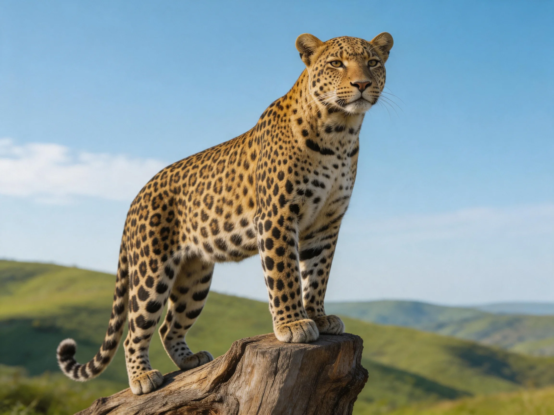 A leopard stands atop a weathered tree stump amid rolling green hills