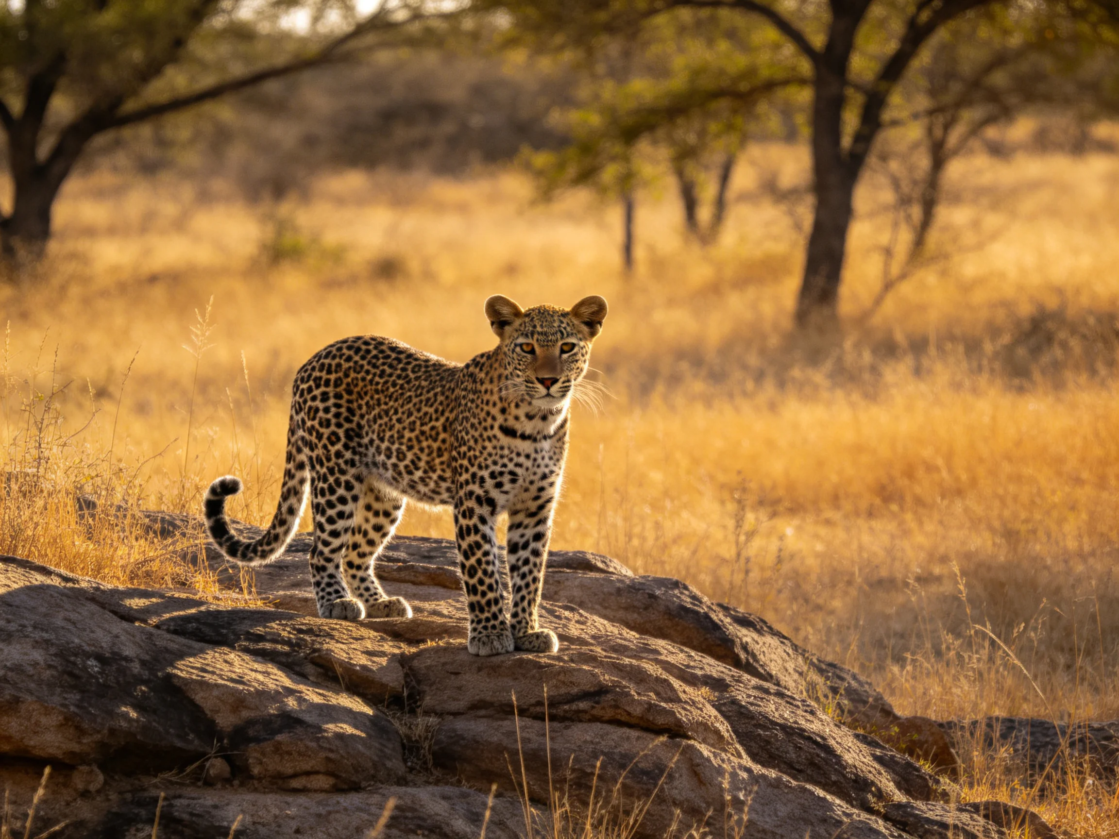 A leopard stands on rocky terrain amid golden savannah grass