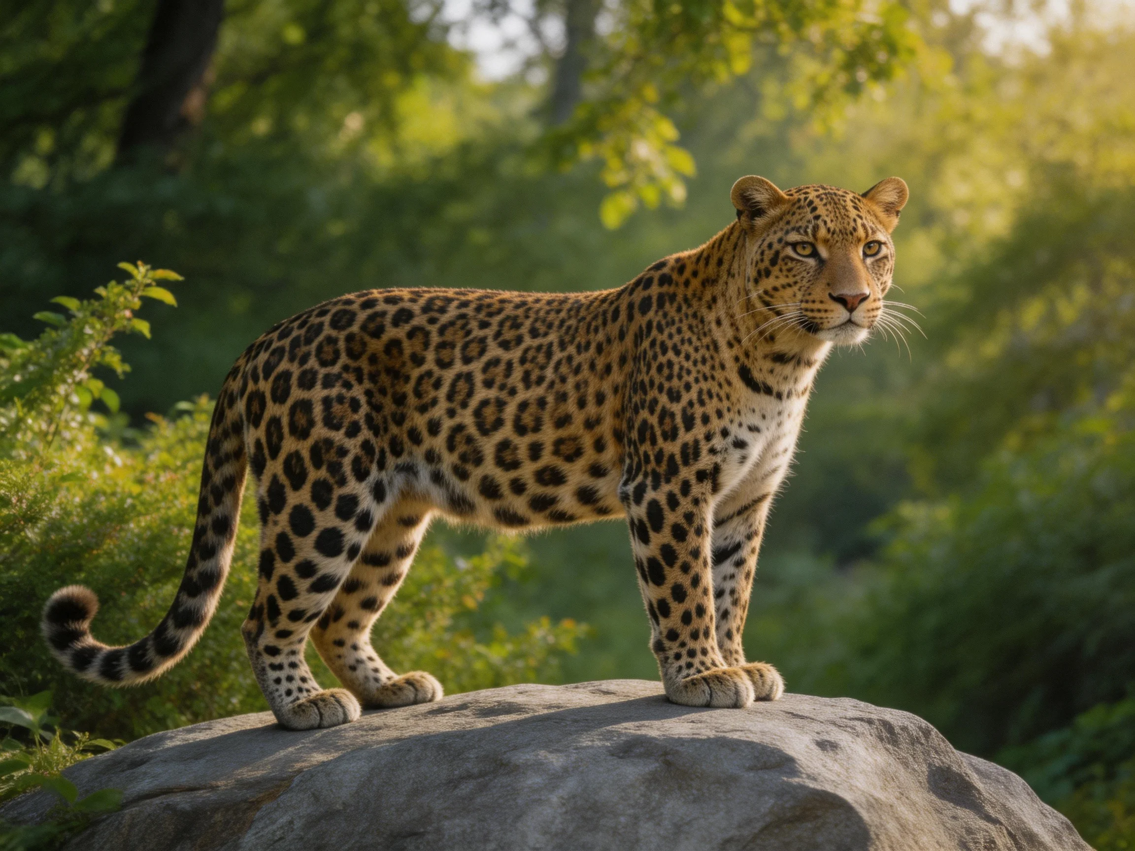 A leopard stands regally on a massive rock amid verdant greenery