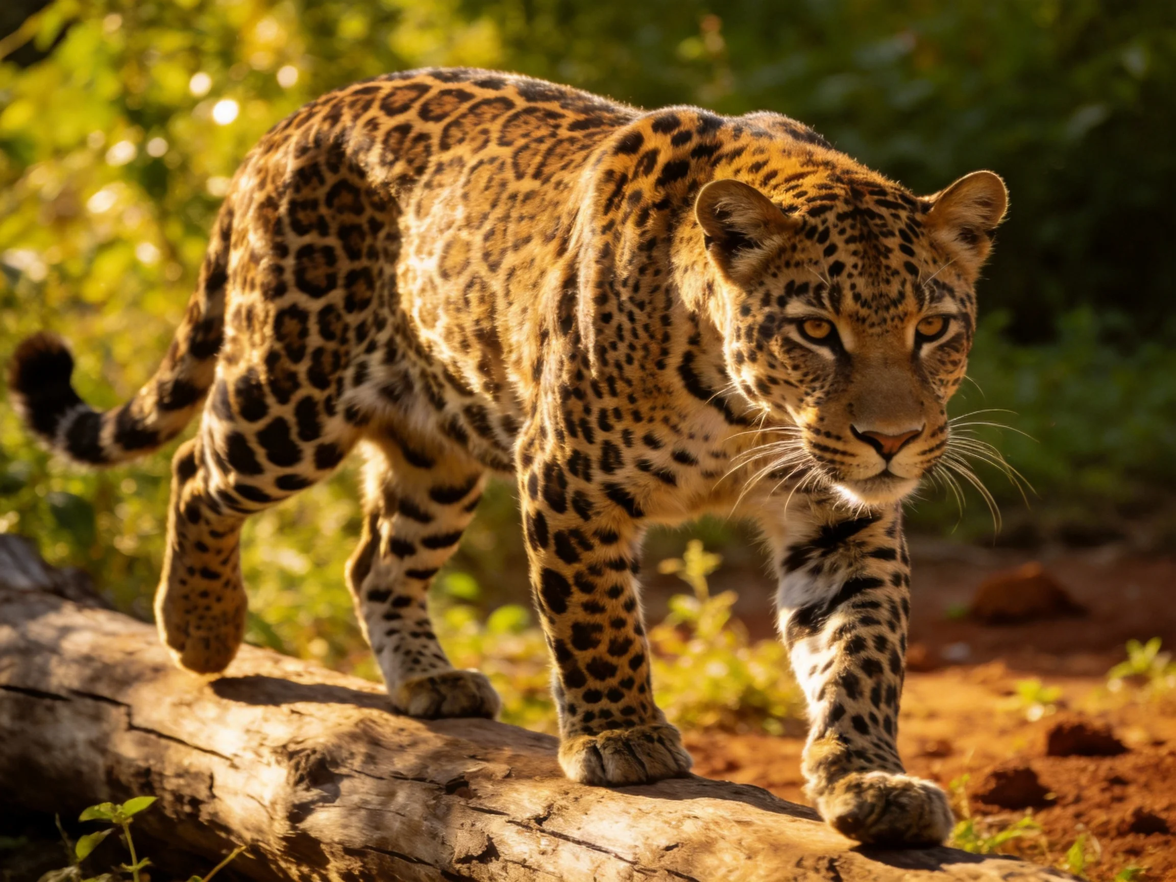 A leopard walks along a large fallen log in a sunlit forest