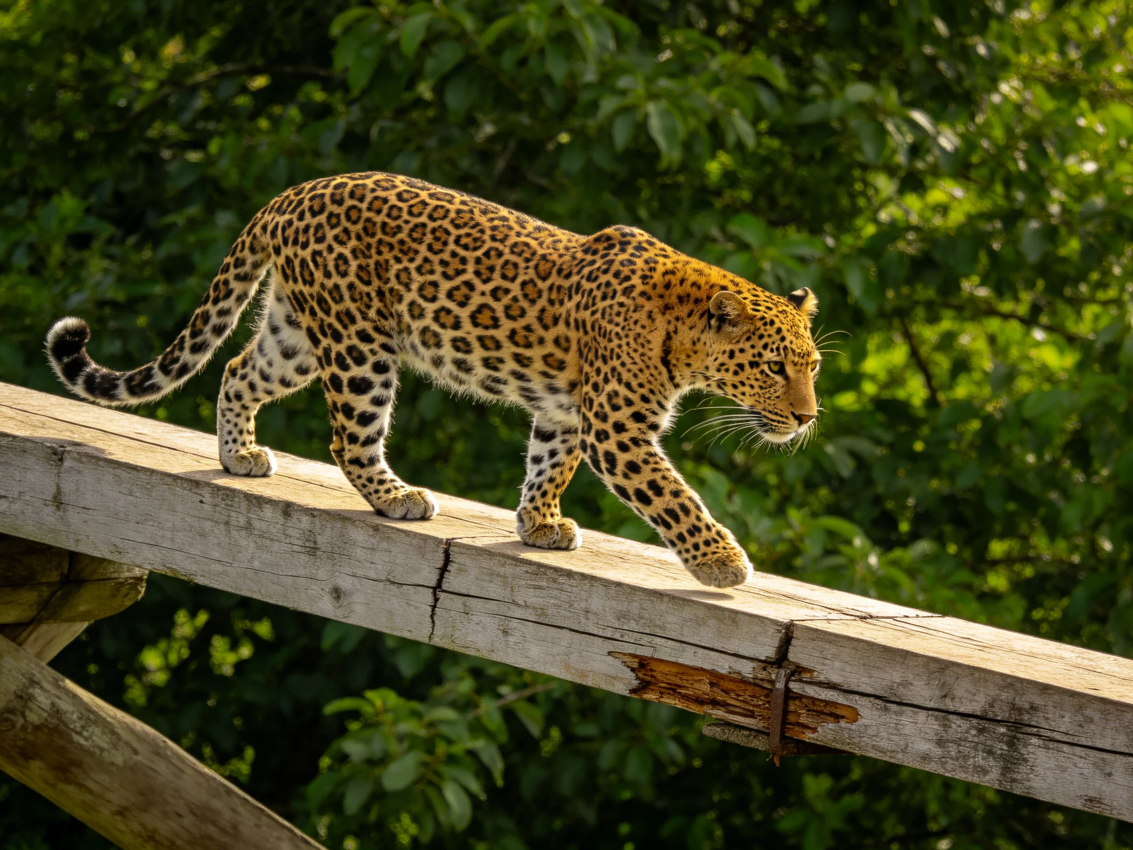 A leopard crosses a weathered wooden beam near dense green foliage