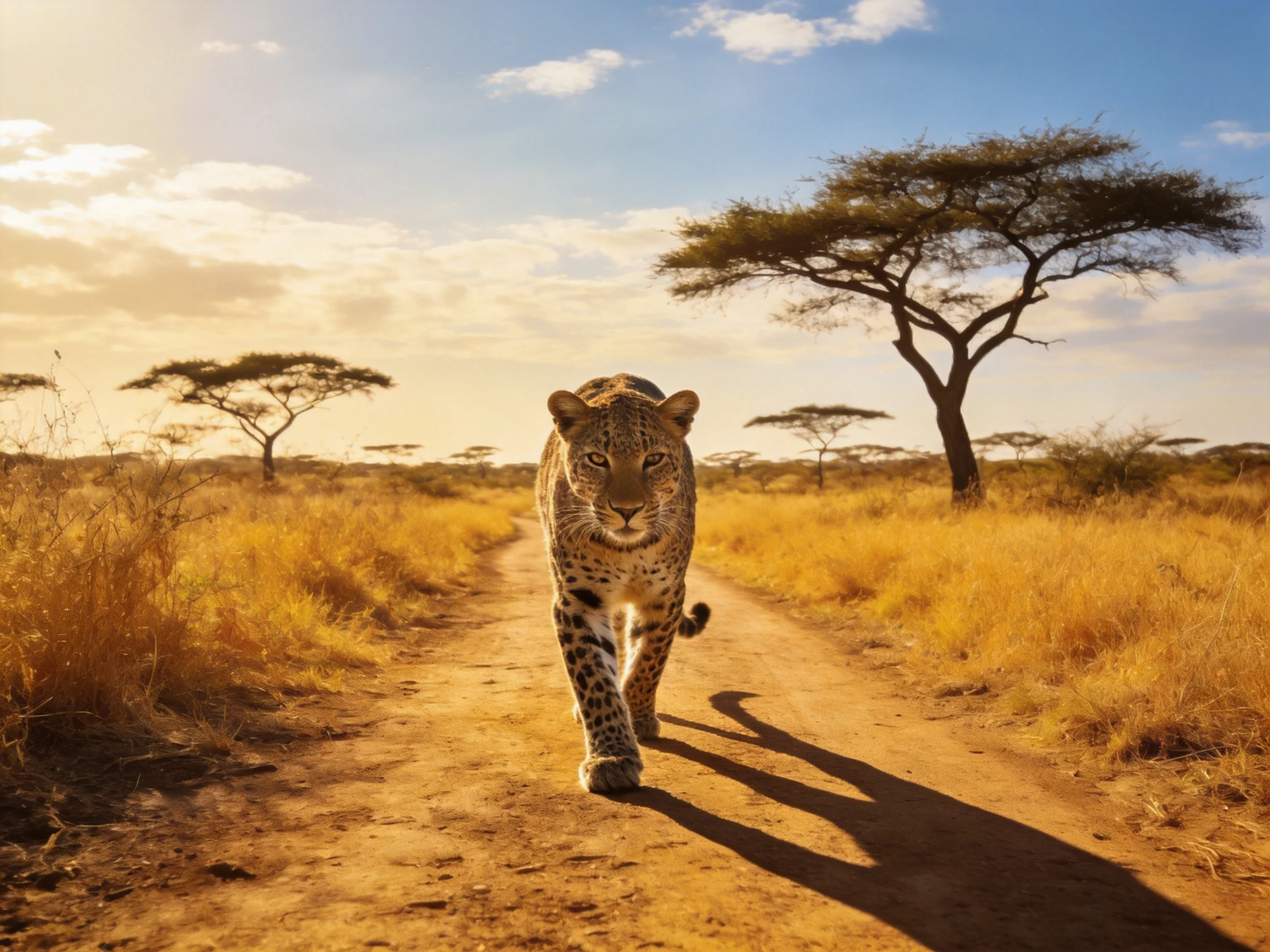 A leopard walks down a golden savannah dirt road near acacia trees