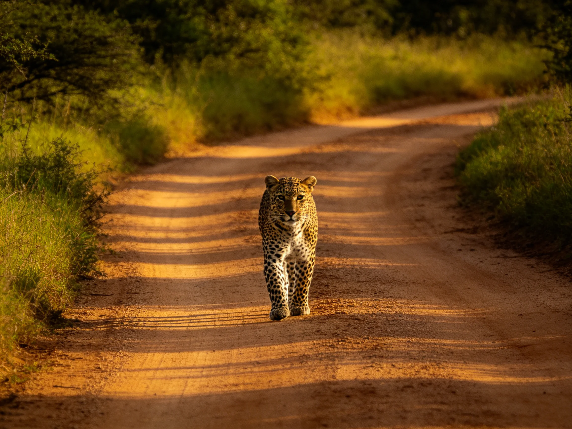 A leopard walks down a sunlit dirt road with lush greenery