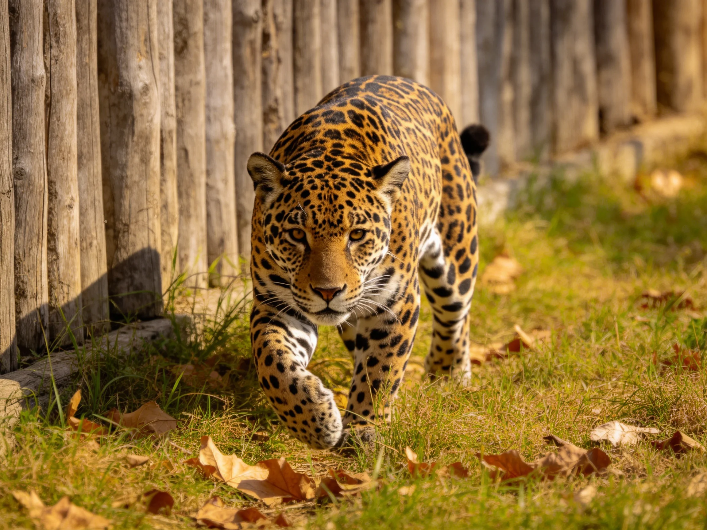 A leopard walks near a wooden fence with orange fur and dark spots