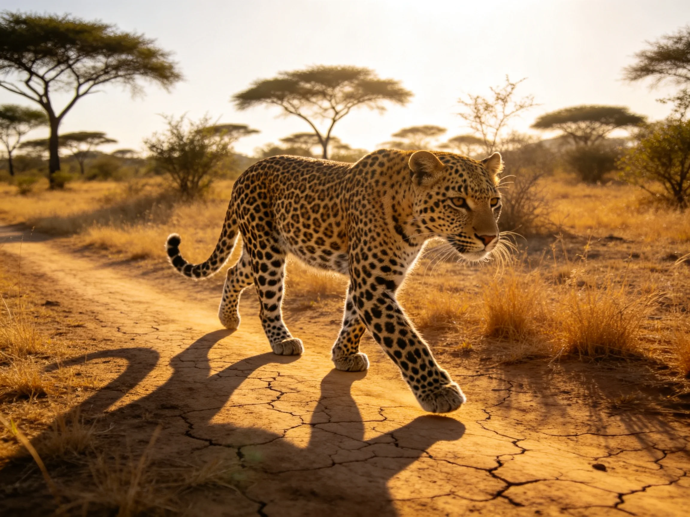 A leopard walks on a cracked dirt road in golden savannah