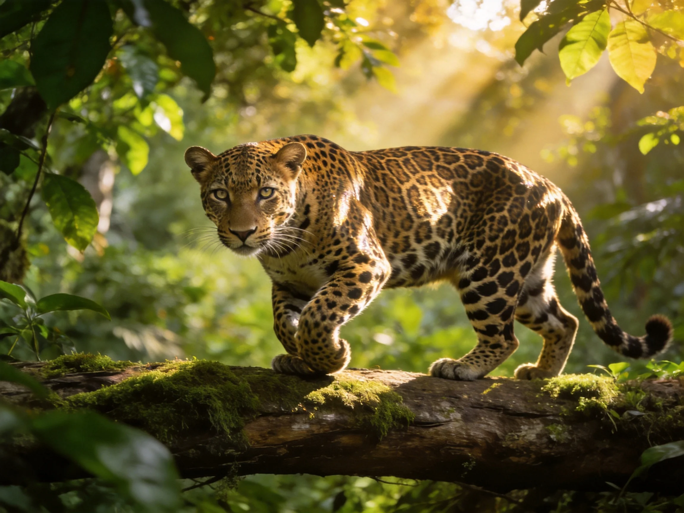 A leopard walks on a moss-covered log in a sun-dappled forest