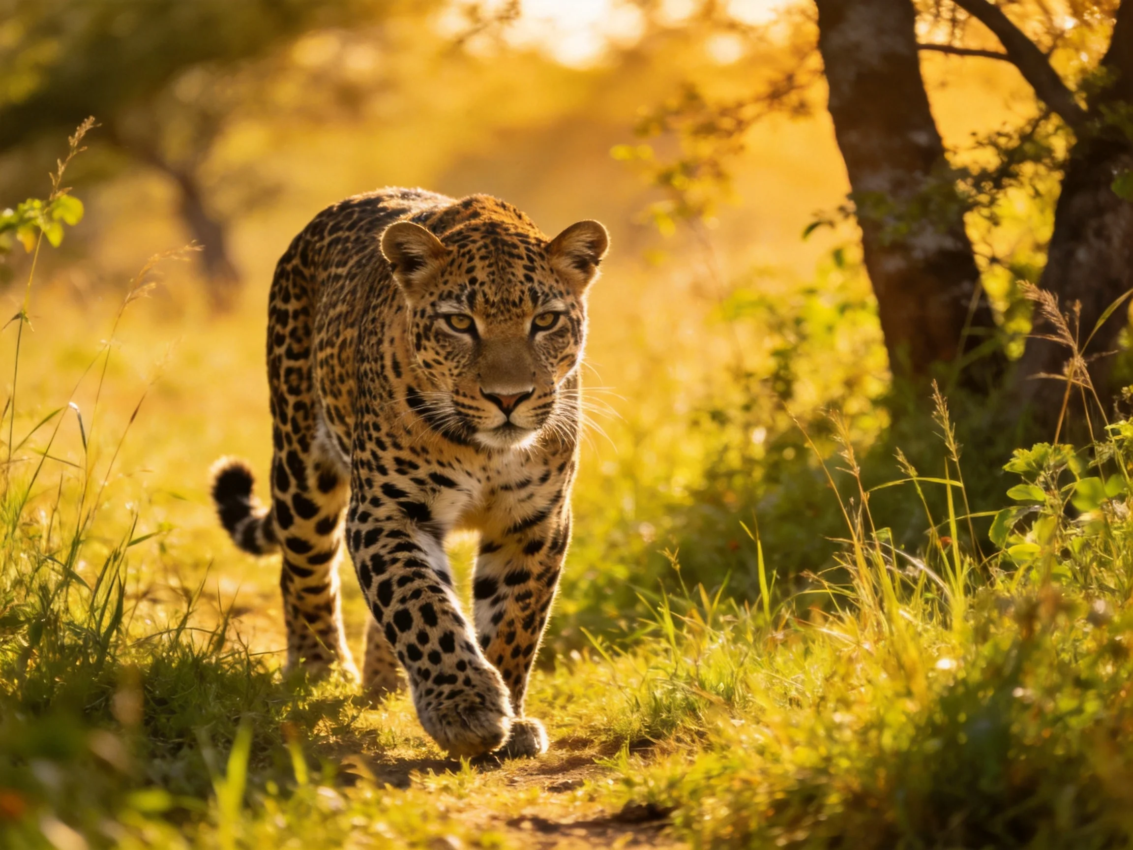 A leopard moves through sunlit savannah grass near trees.