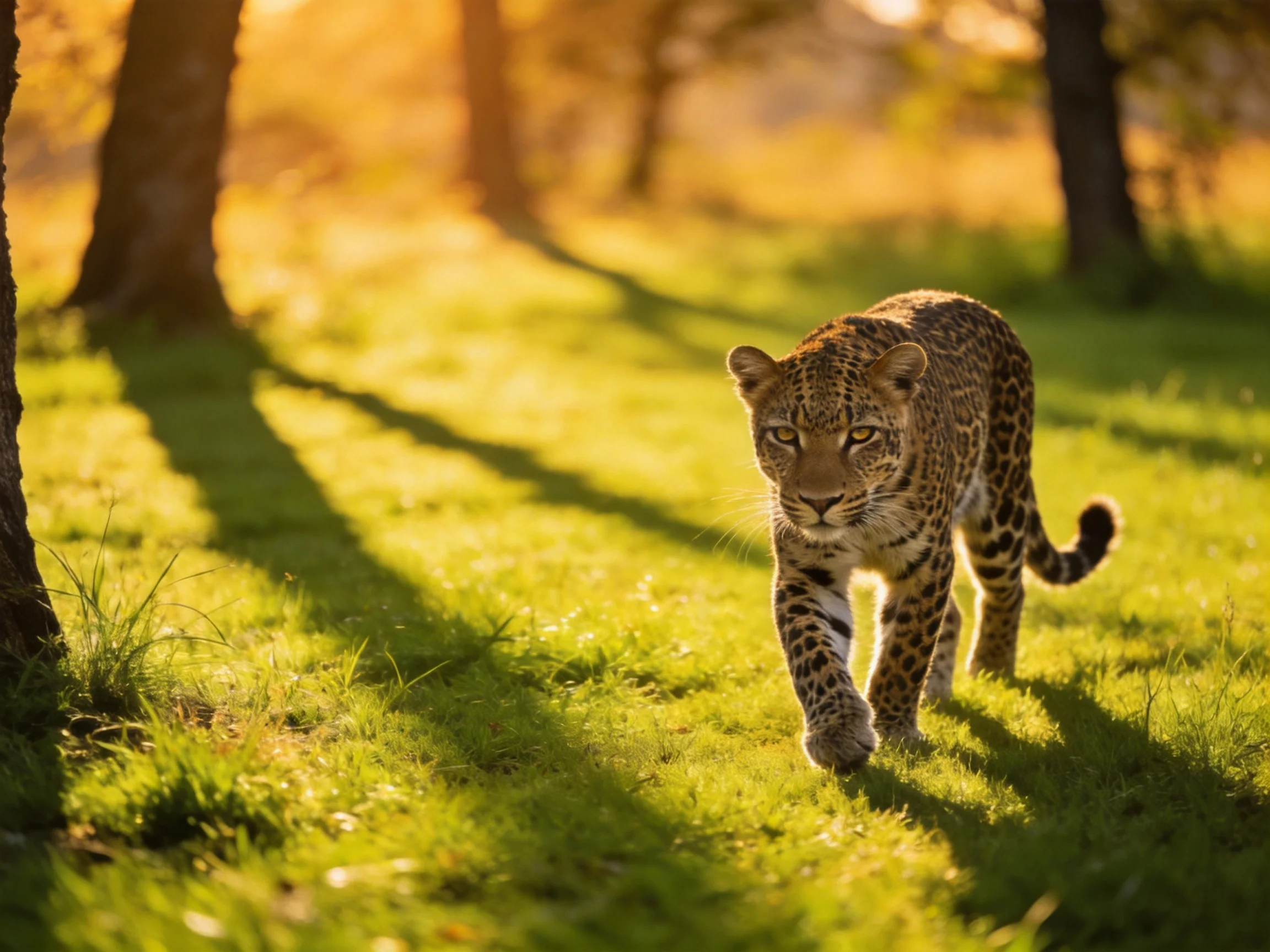 A leopard walks through sun-drenched greenery near tall trees