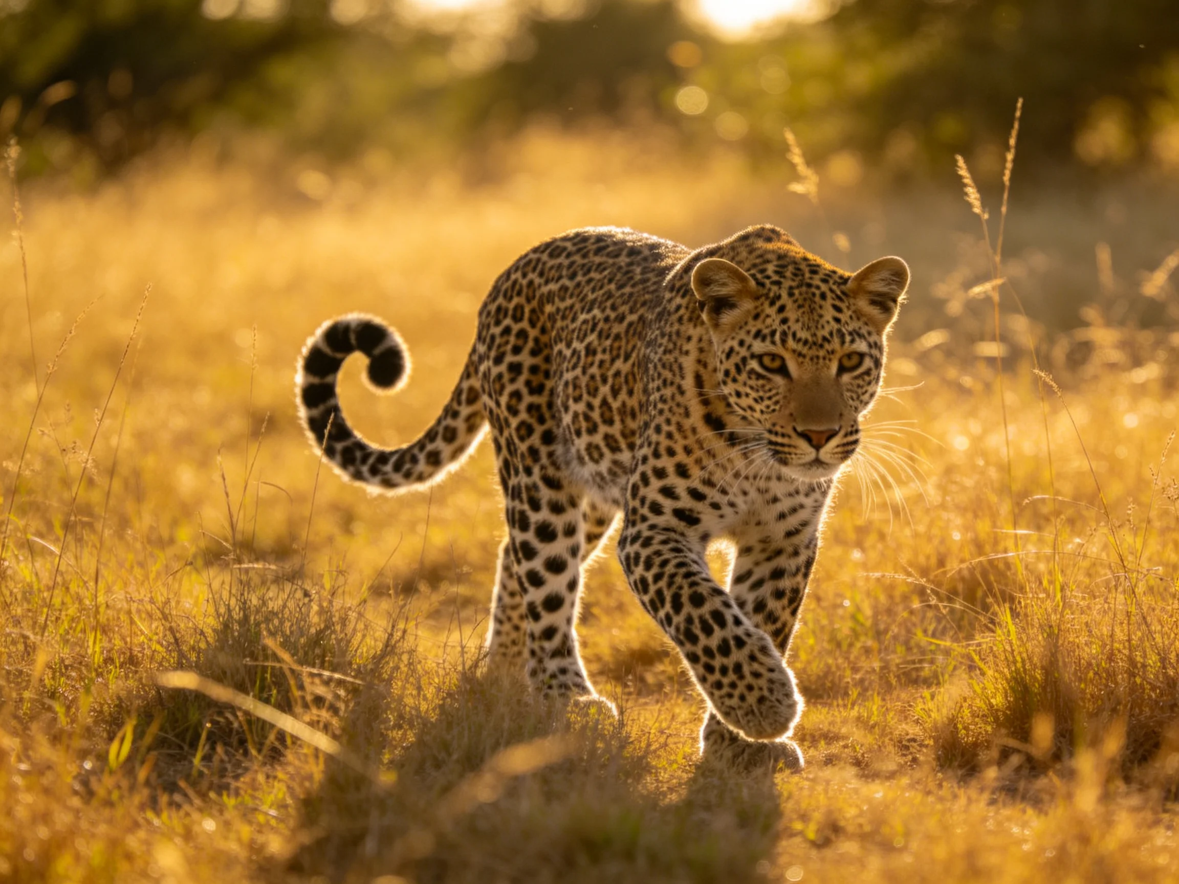 A leopard traverses sun-kissed savannah grass.