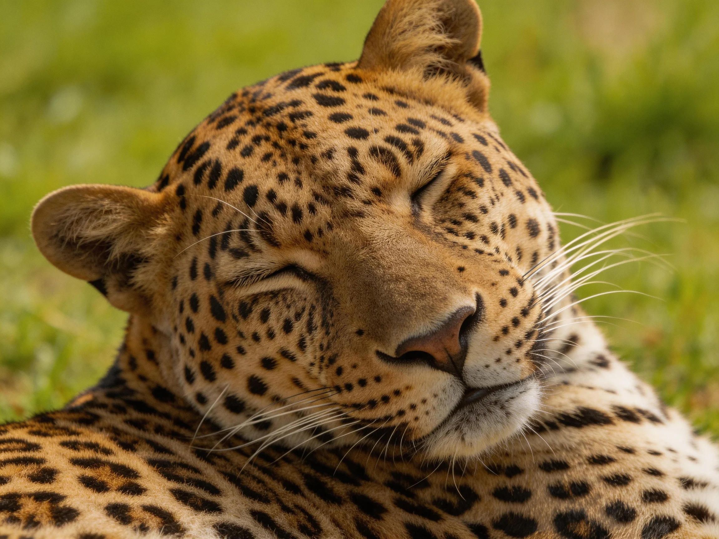 A leopard with black-spotted fur naps in a grassy area