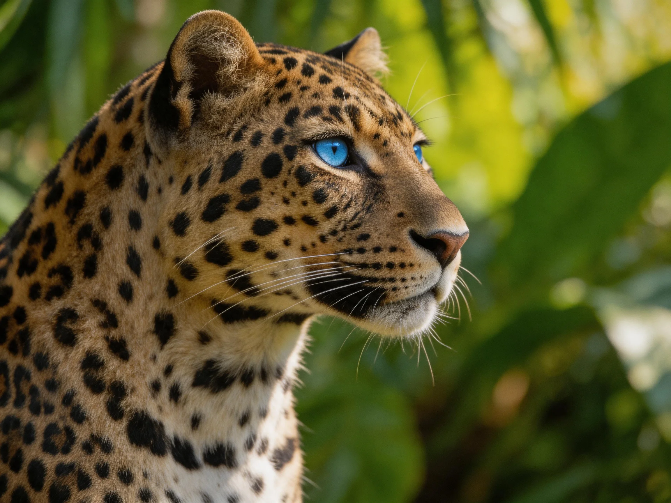 A leopard with bright blue eyes stands among lush greenery.
