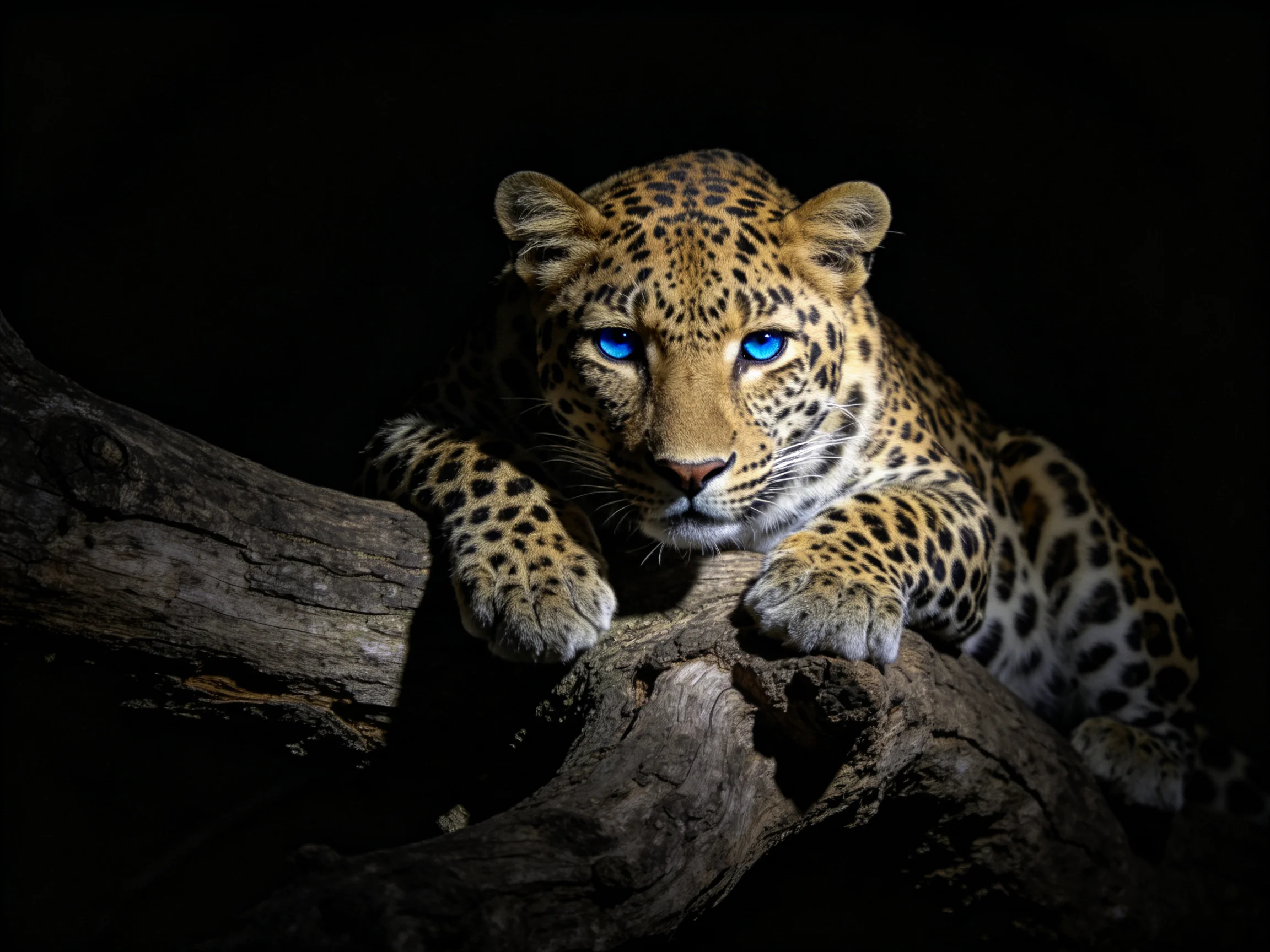 A leopard with bright blue eyes rests on a gnarled wooden log amid darkness