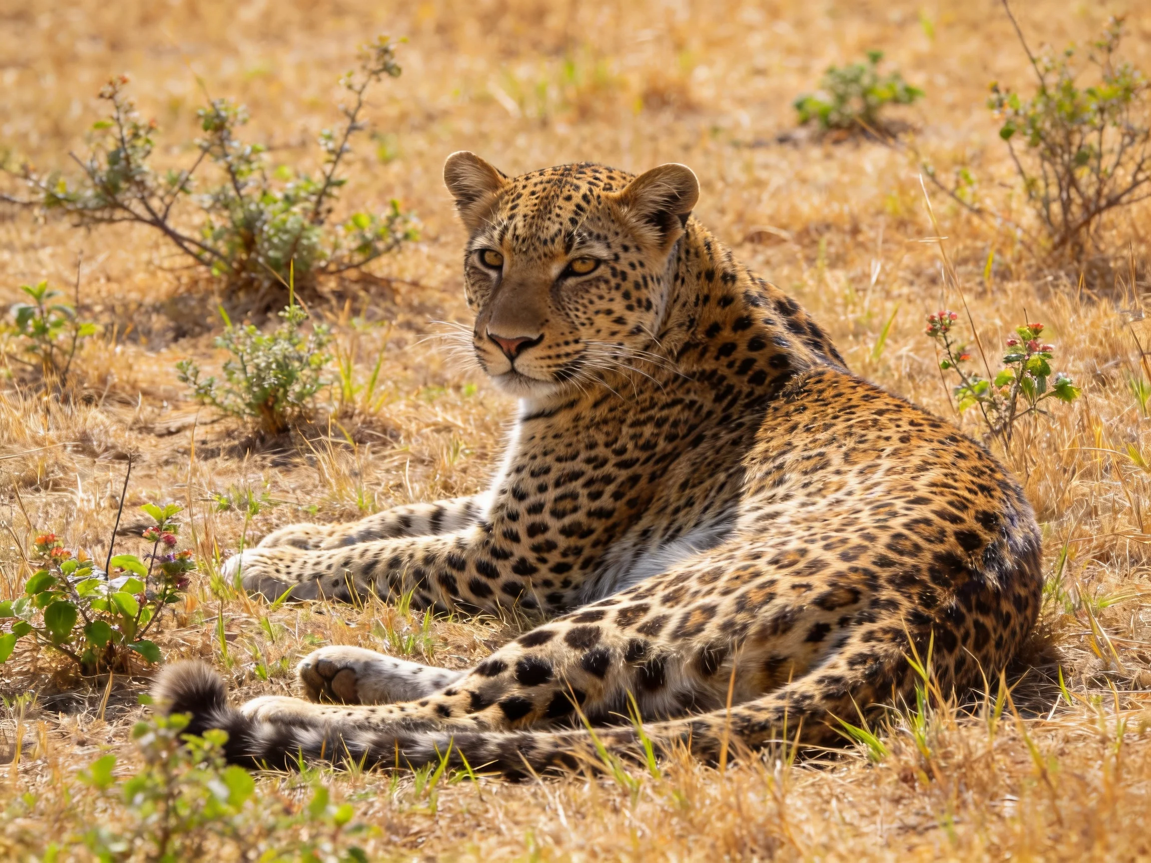 A leopard with brown and black spots rests on golden savannah grass