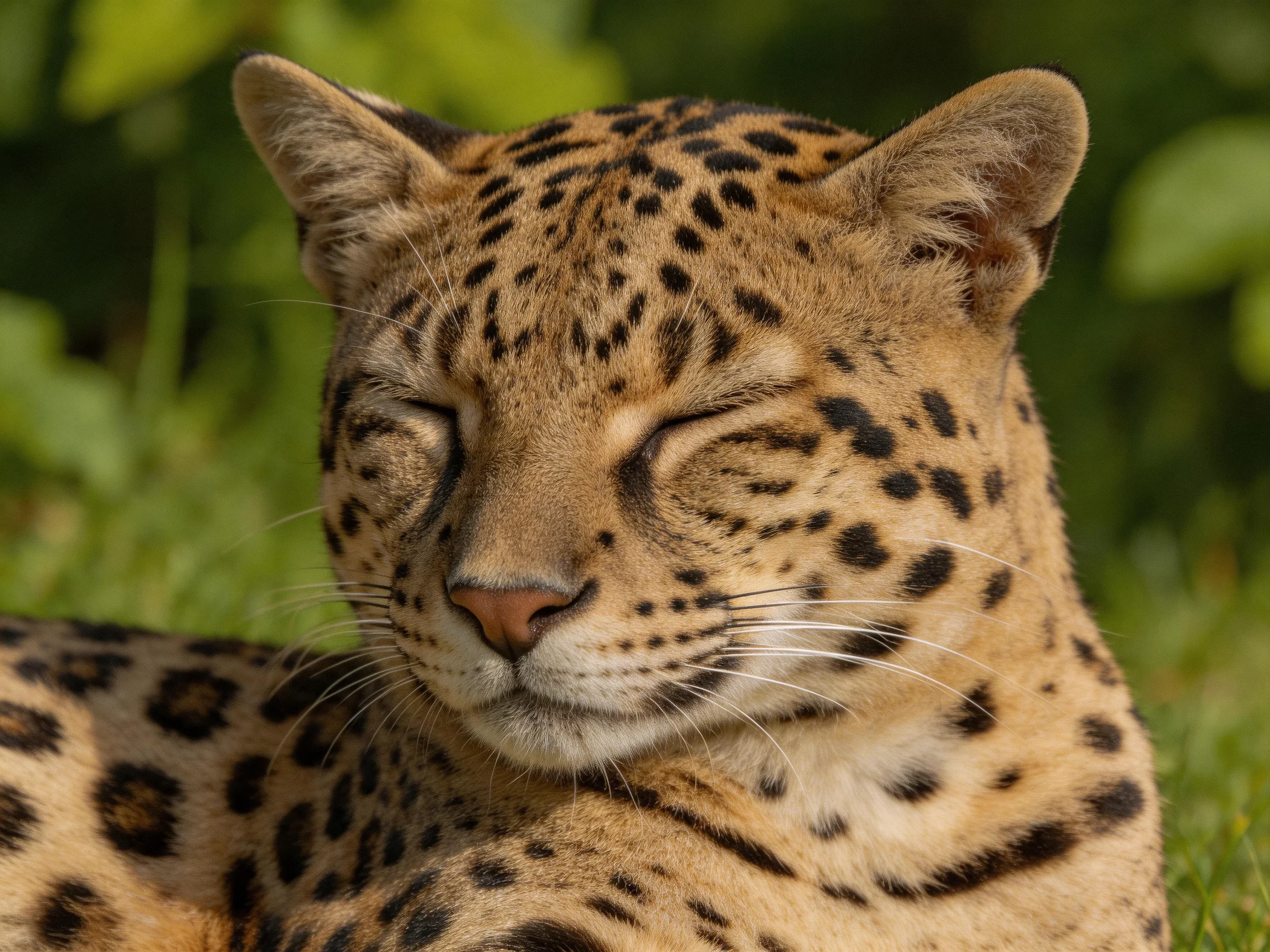 A leopard with closed eyes rests in lush greenery, showcasing its spotted coat.