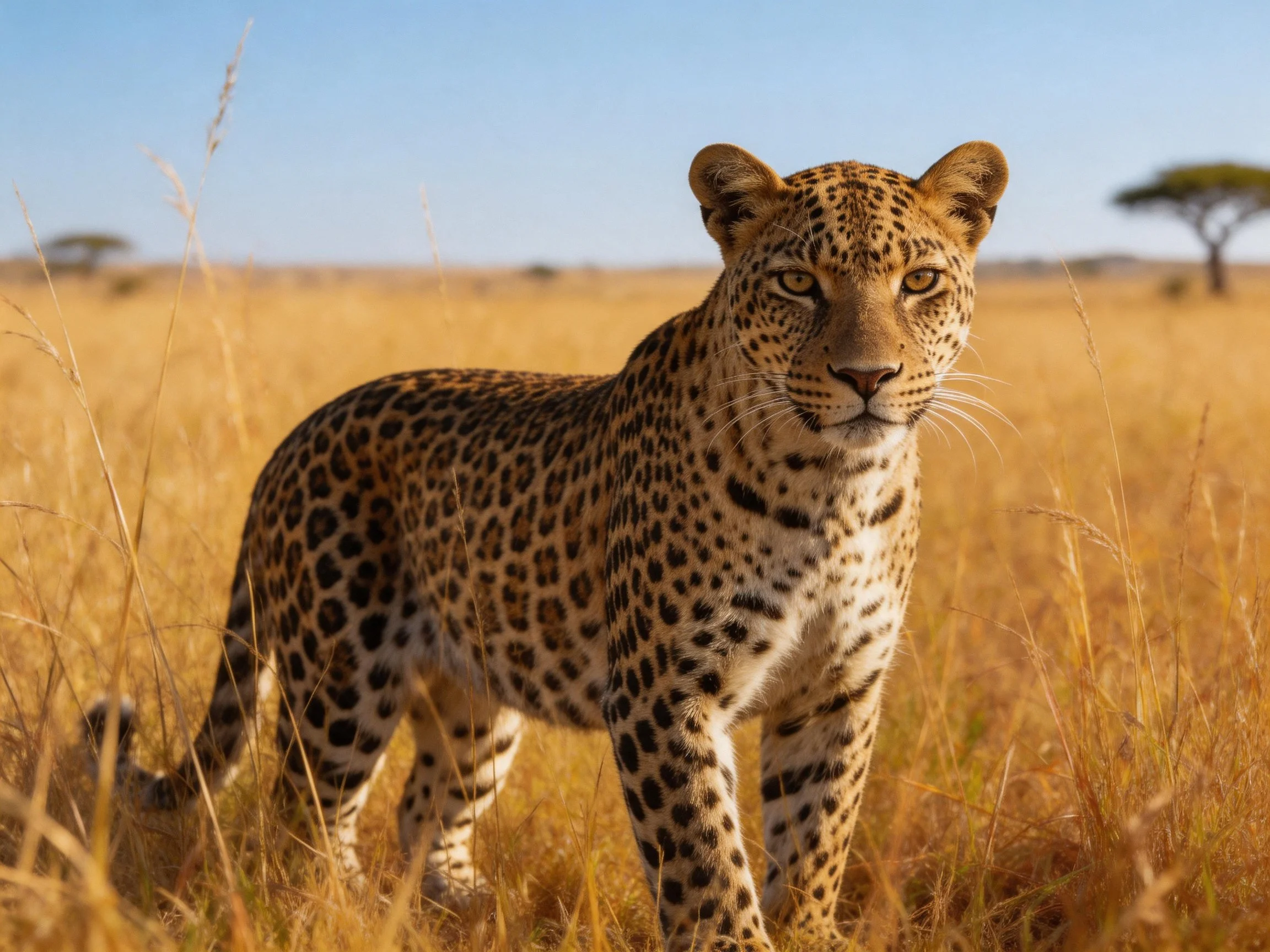 A leopard with distinct spotted fur stands in golden savannah grass