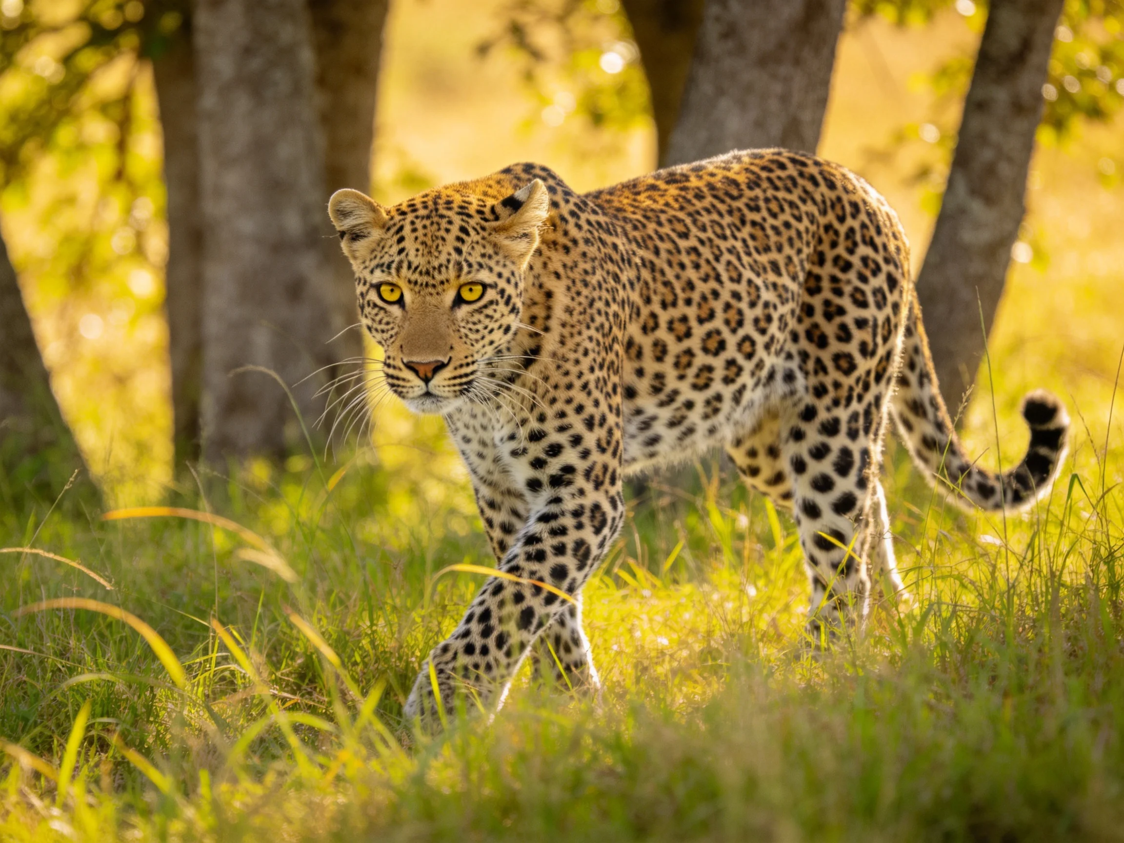 A leopard roams through sunlit green grass near trees.
