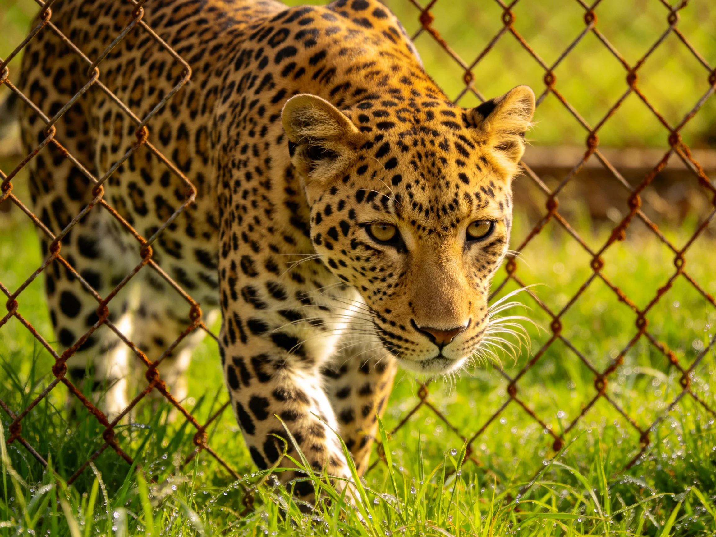 A leopard with golden-spotted coat near a rusted chain-link fence