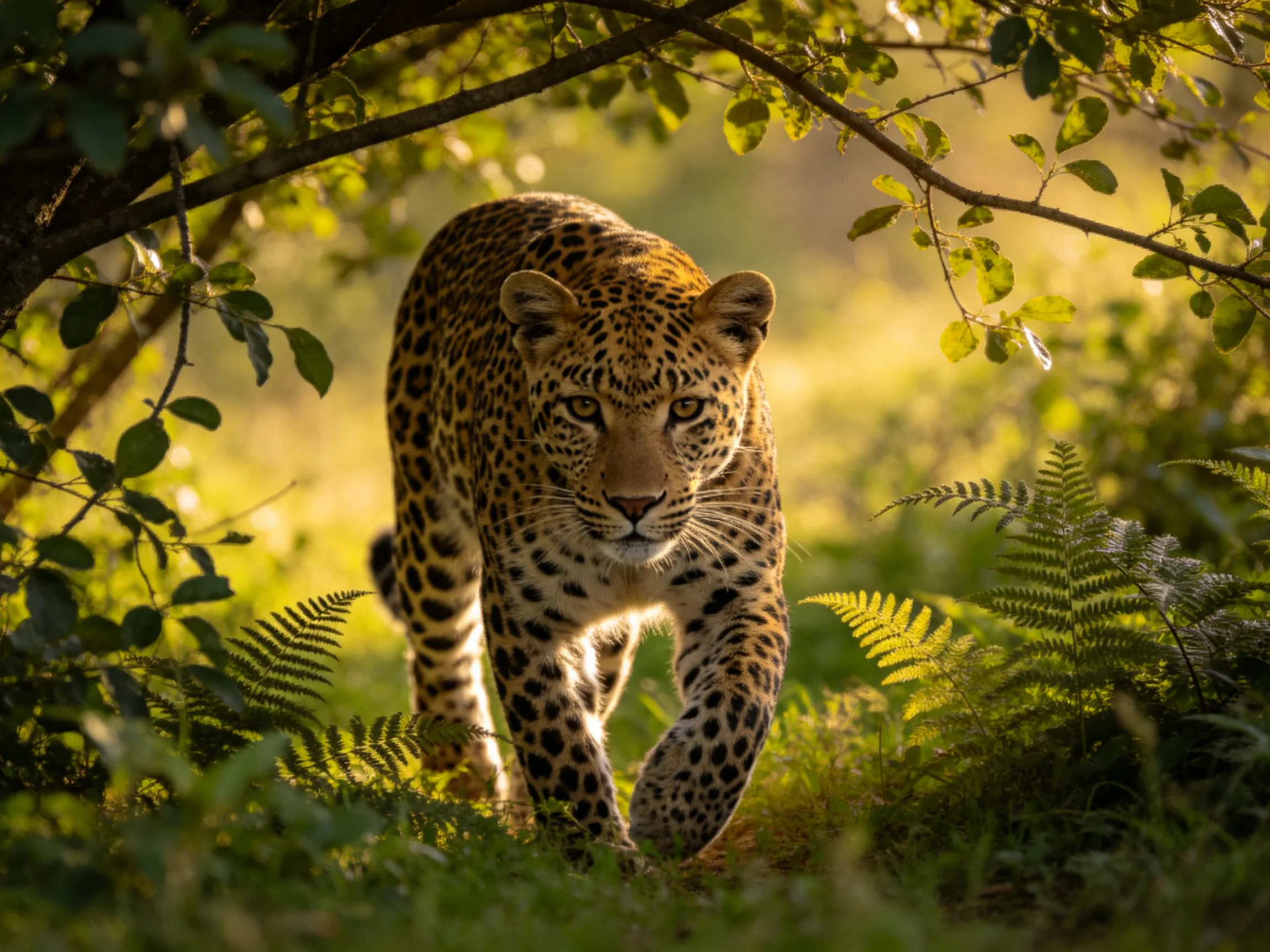 A leopard with rosette spots stalks through lush greenery under golden light