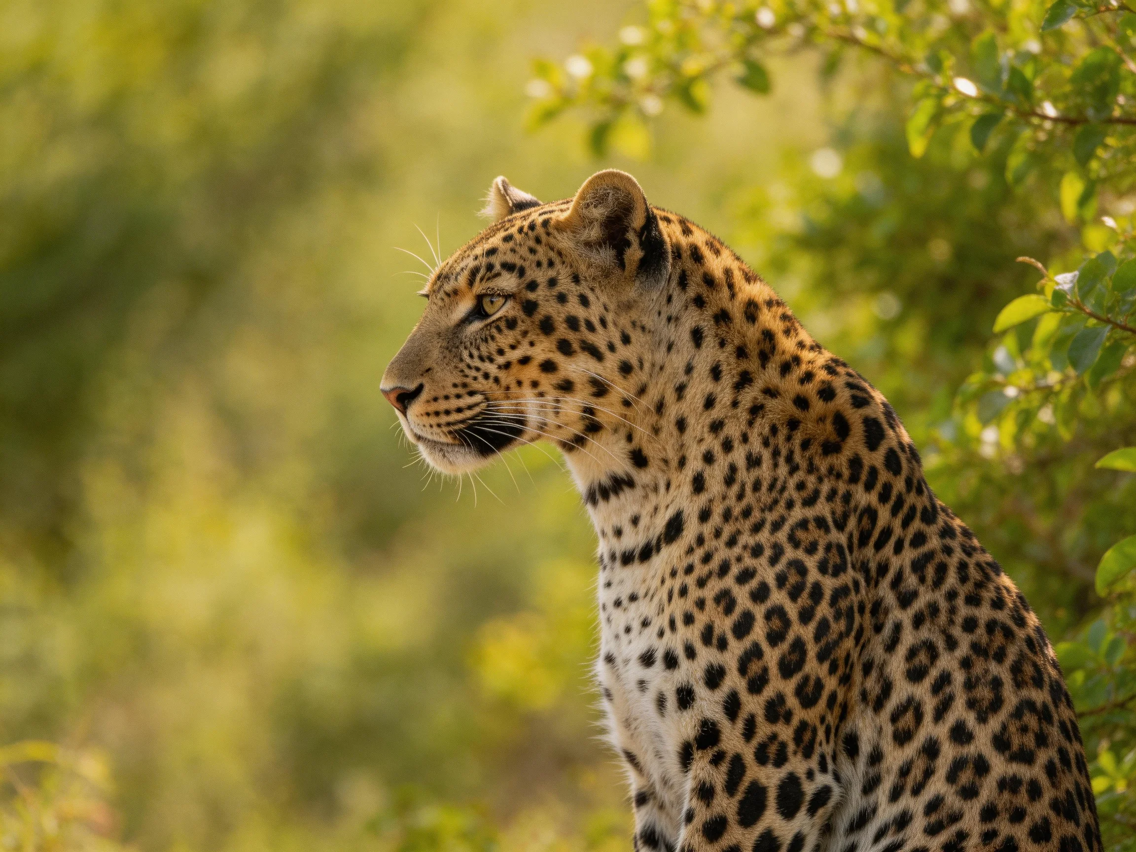 A leopard with spotted coat rests amid green foliage in natural light