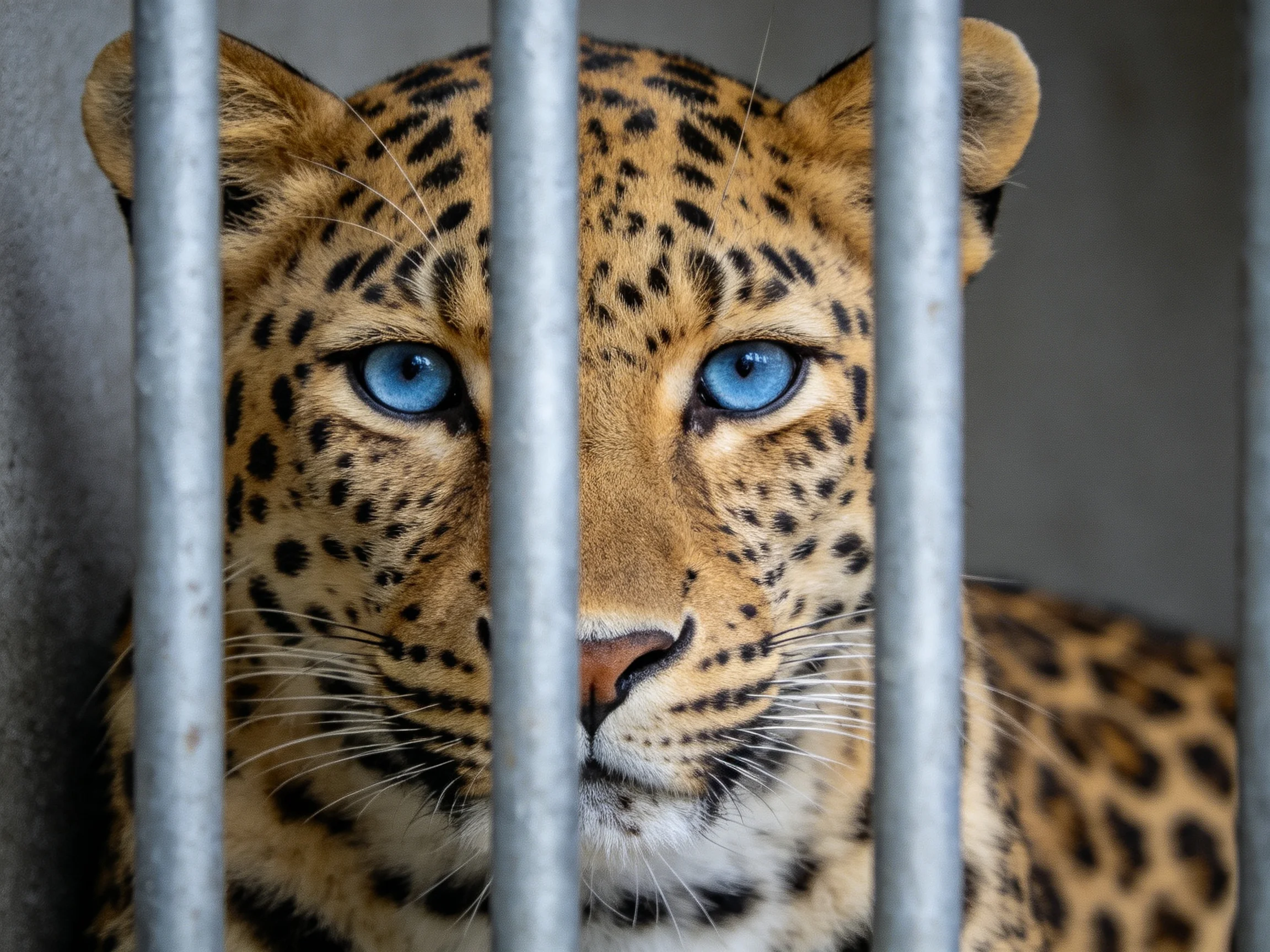 A leopard with bright blue eyes is enclosed by vertical bars.