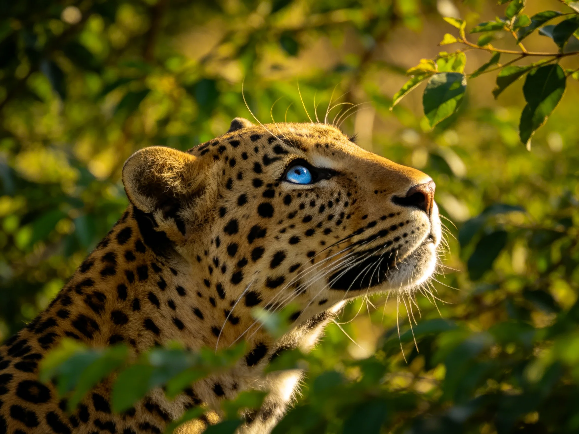 A leopard with blue eyes observes its surroundings in a sunlit, leafy environment.