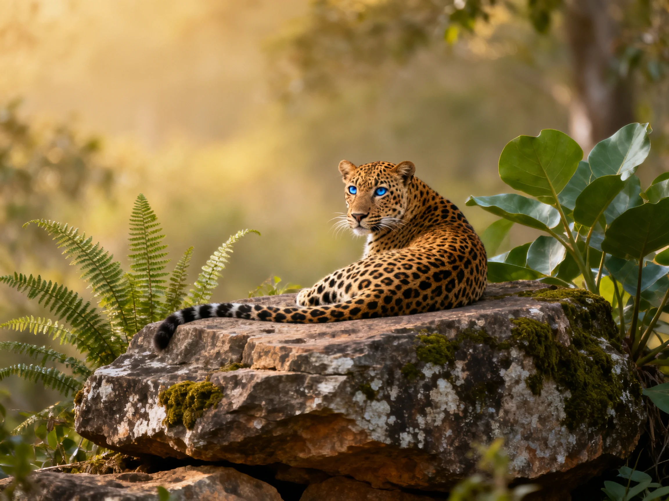 A leopard sits calmly on a mossy rock amidst surrounding green plants