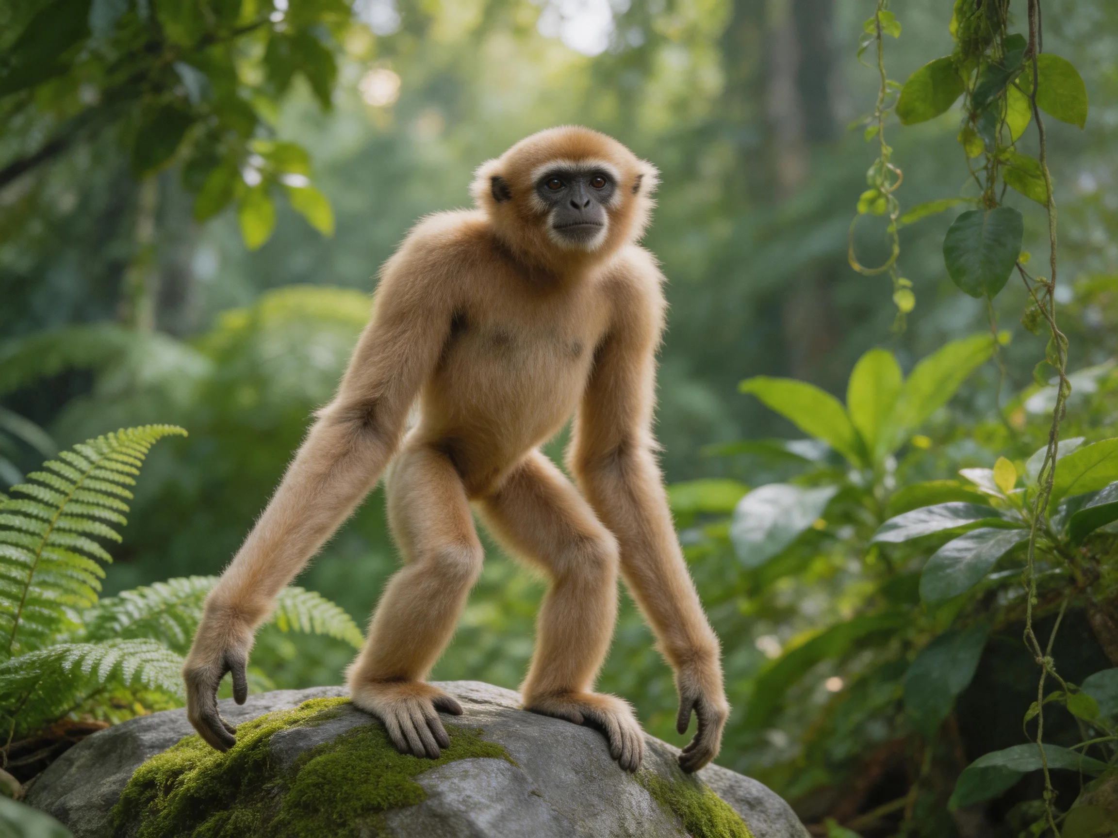 A light brown gibbon stands on a moss-covered rock in a lush forest