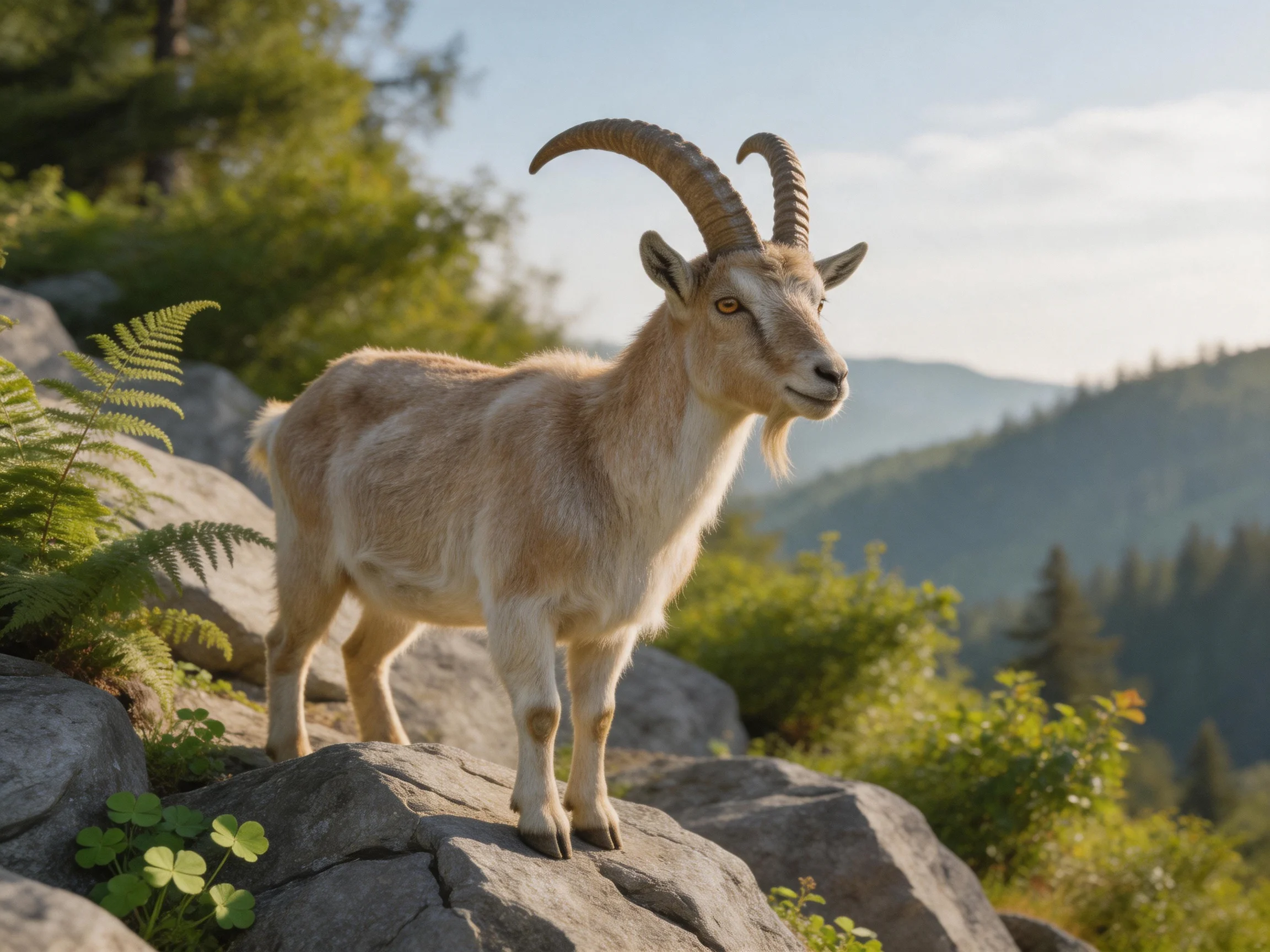 A goat stands on rocks in a scenic natural landscape.