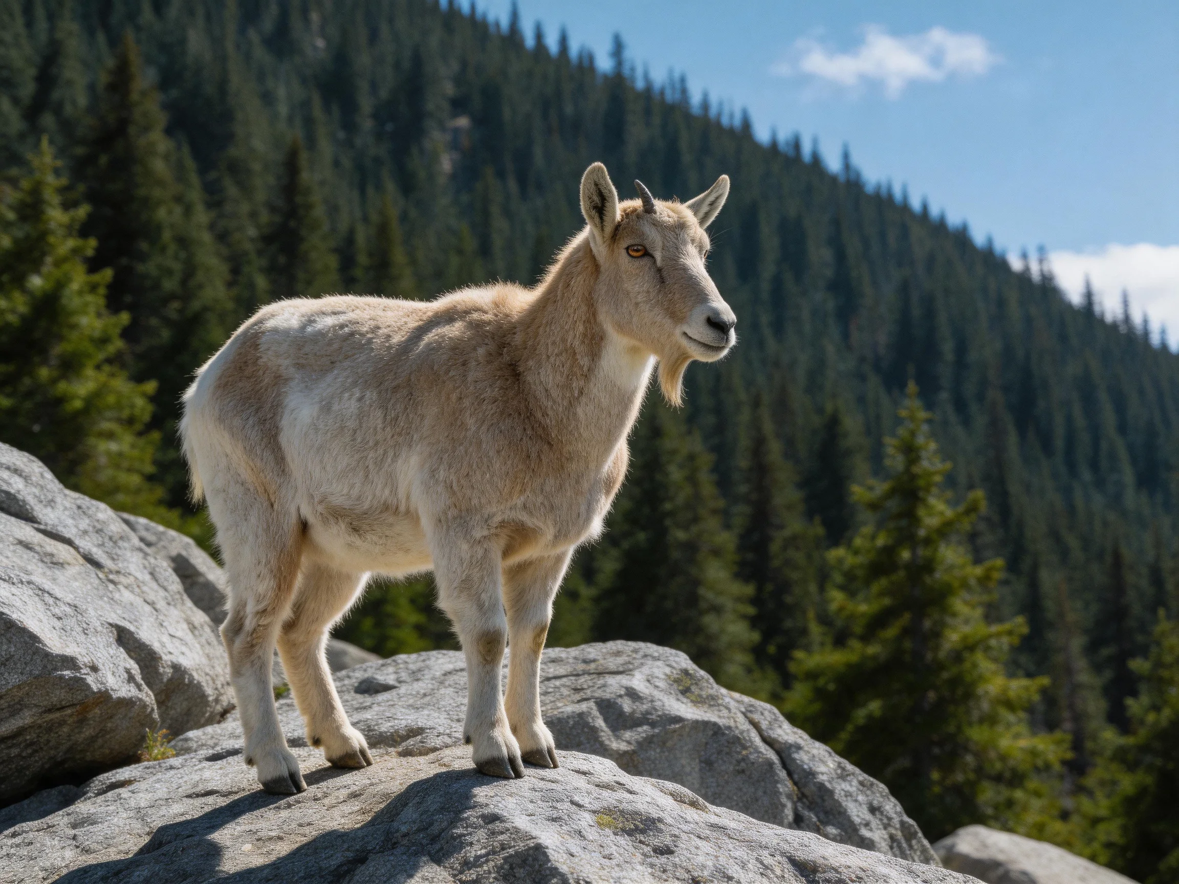 A light brown goat stands on large gray rocks near evergreen forests
