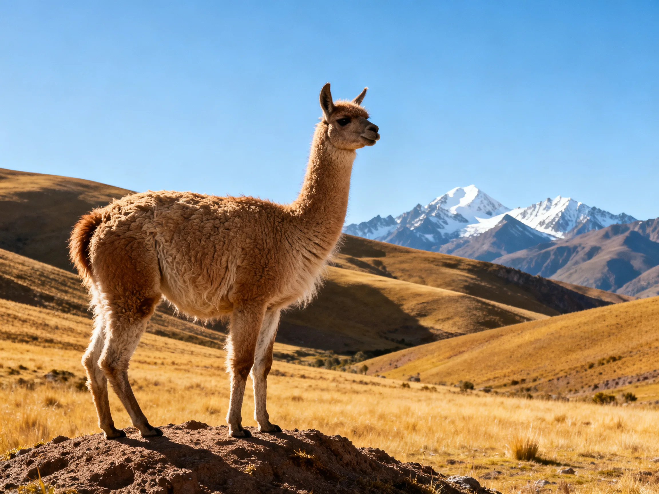A llama stands on a golden hillside with distant snow-capped mountains.