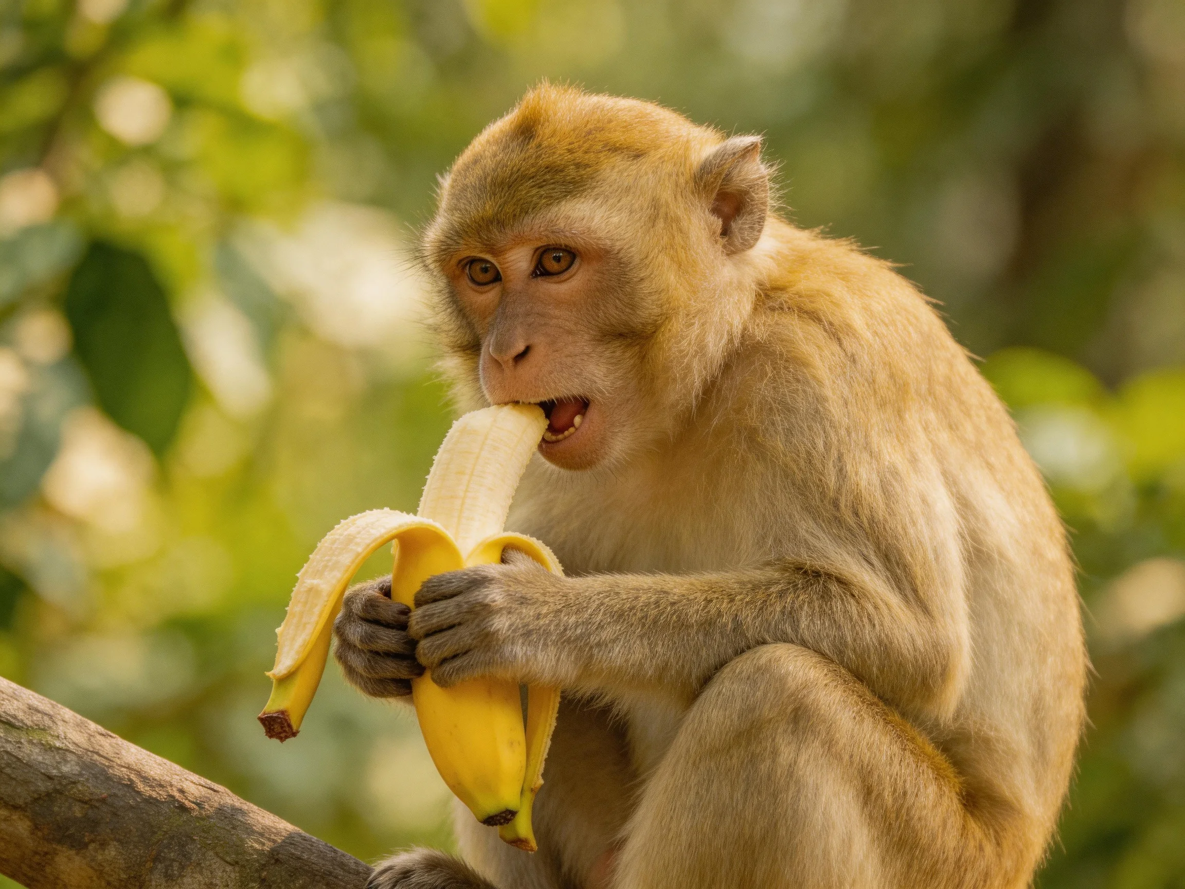 A light brown monkey eating a peeled yellow banana ona tree branch