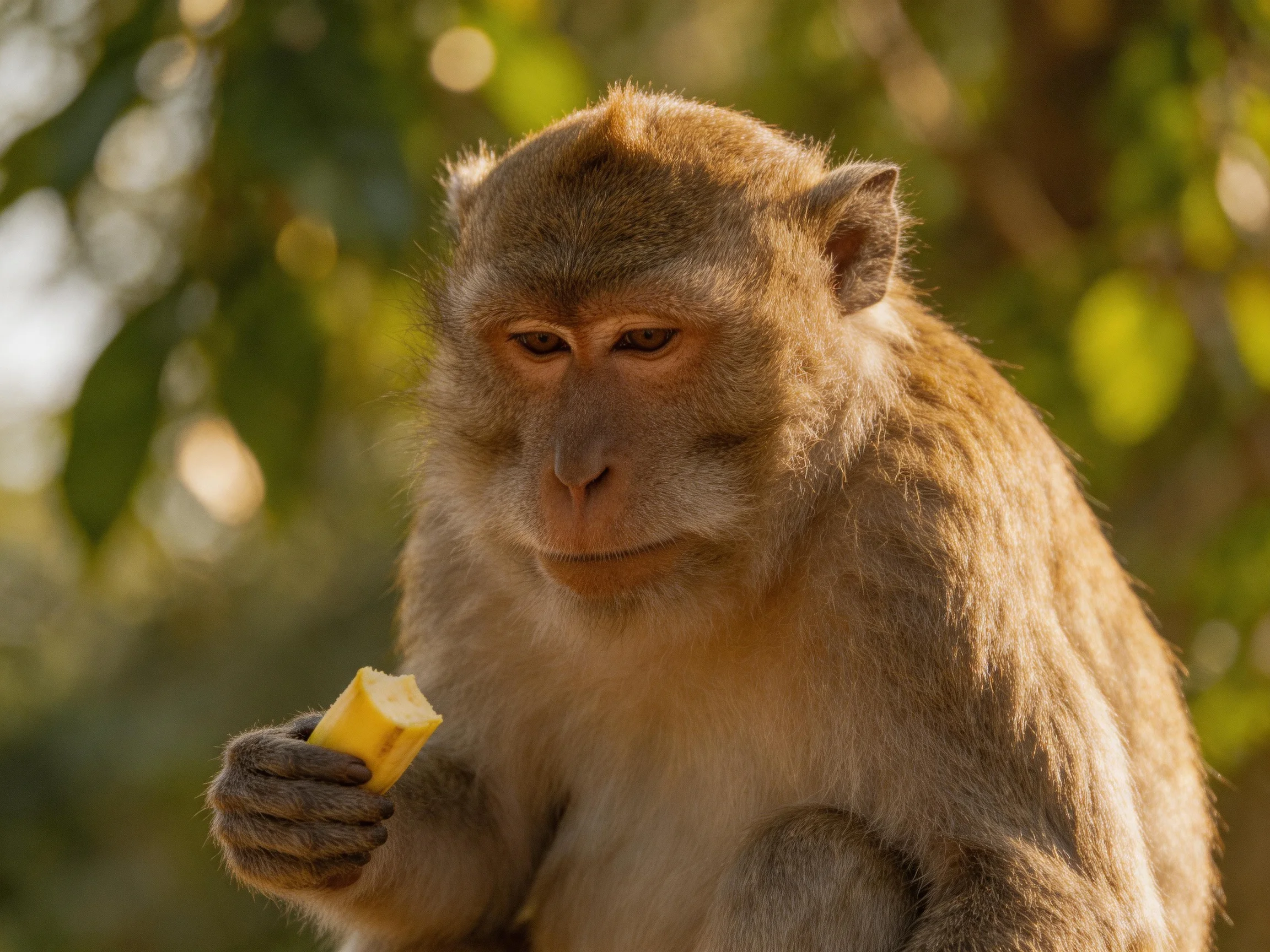 A light brown monkey eating a yellow banana amid green foliage