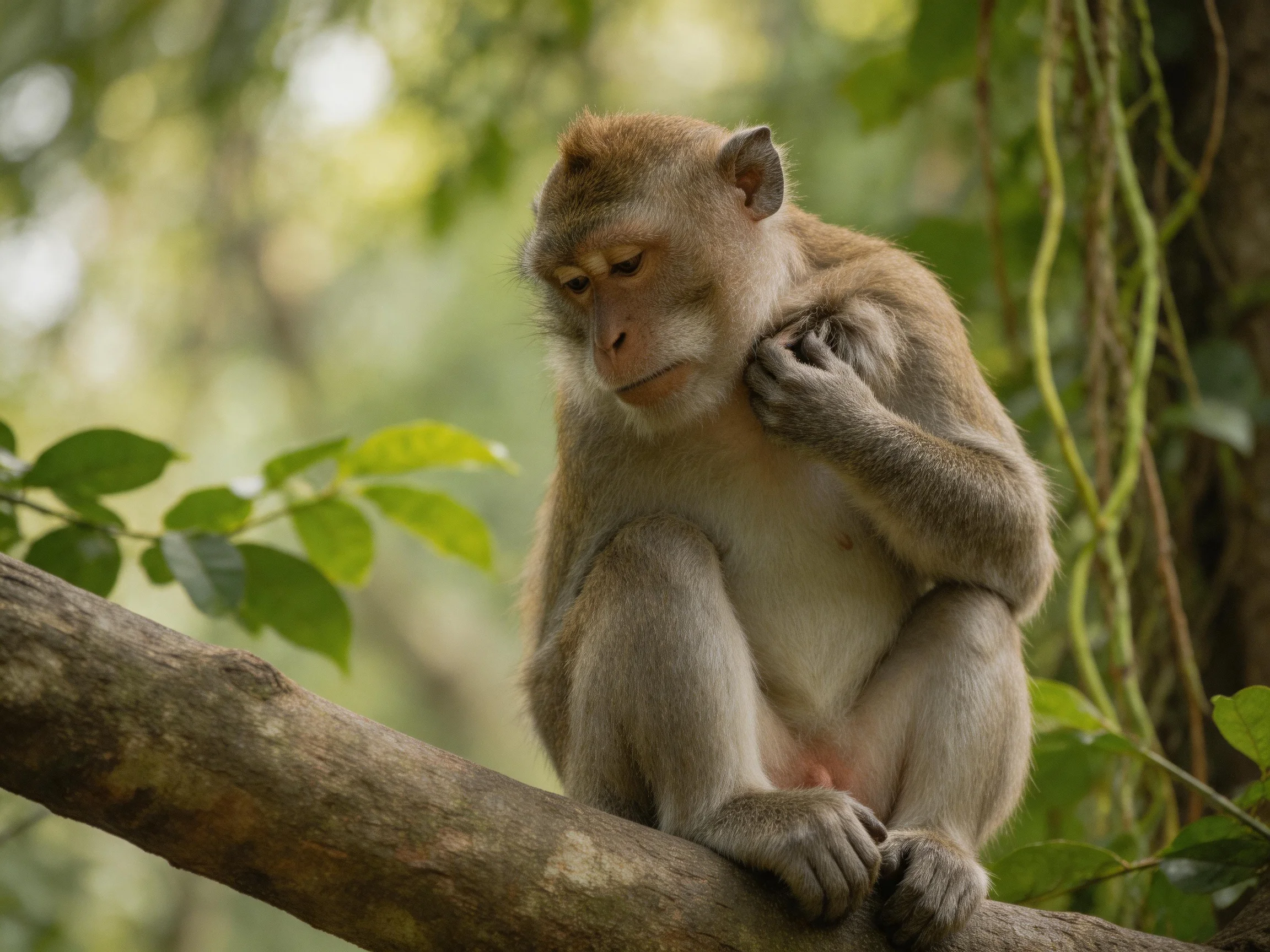 A light brown monkey grooms itself on a thick tree branch amid green foliage