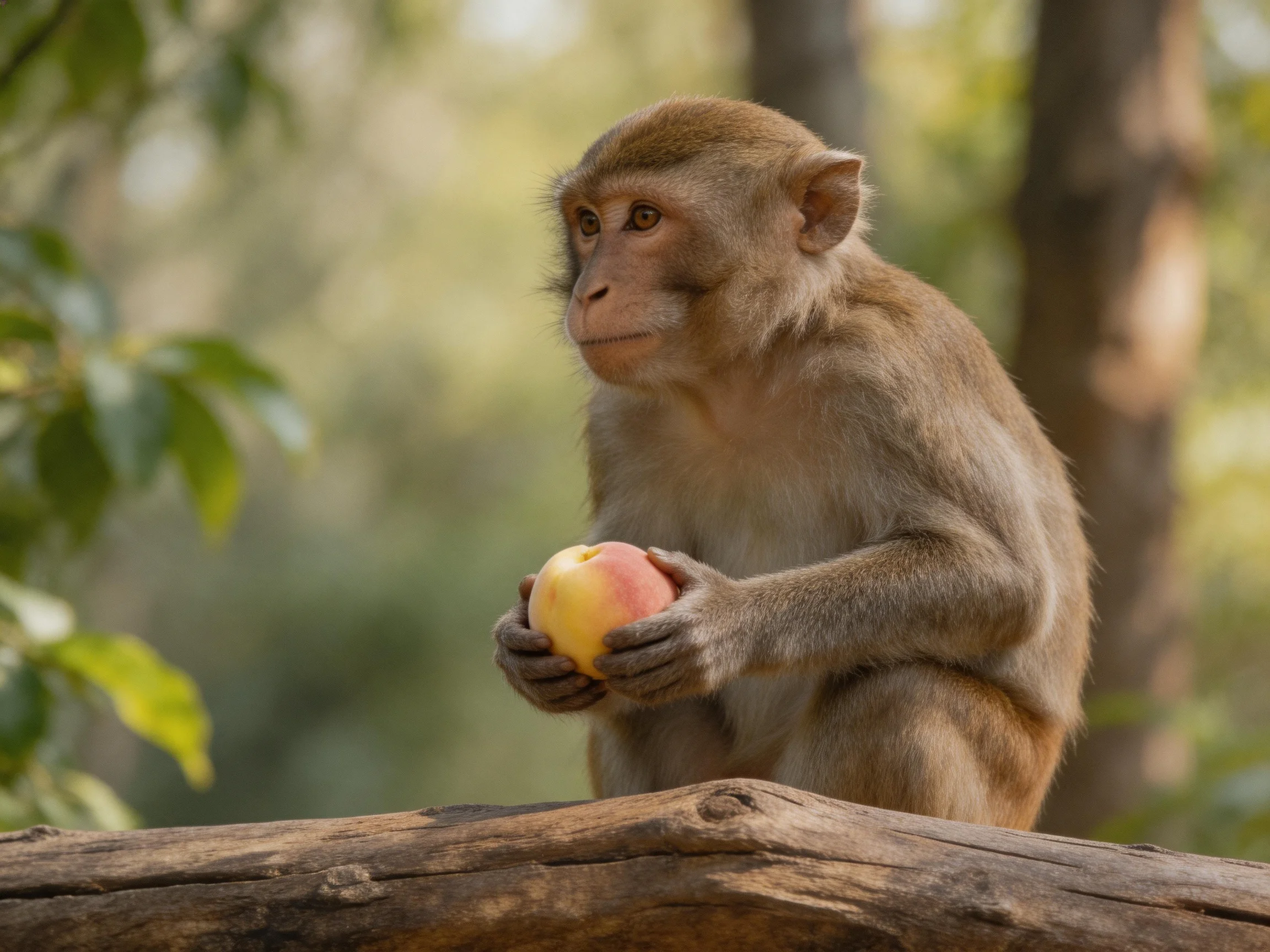 A light-brown monkey holds a pink-and-yellow fruit beside a weathered log