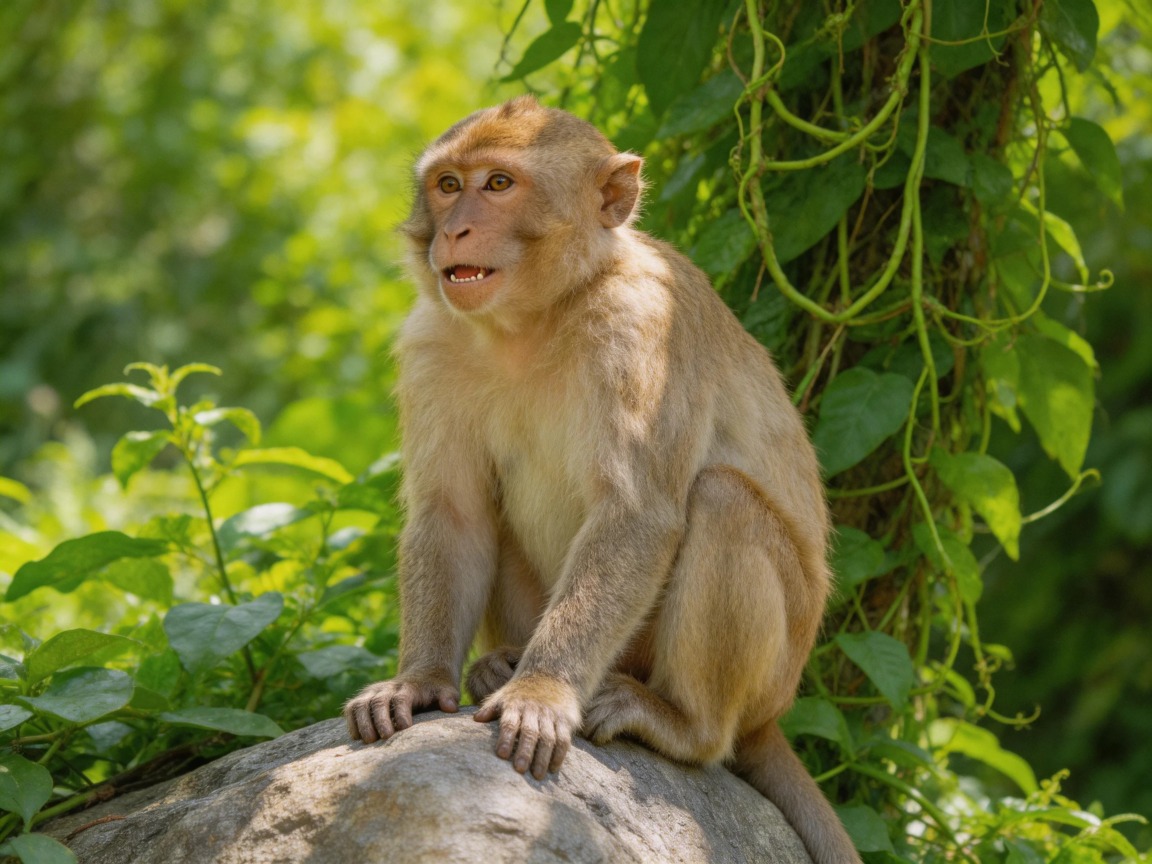 A light brown monkey sits atop a large gray rock among dense green foliage
