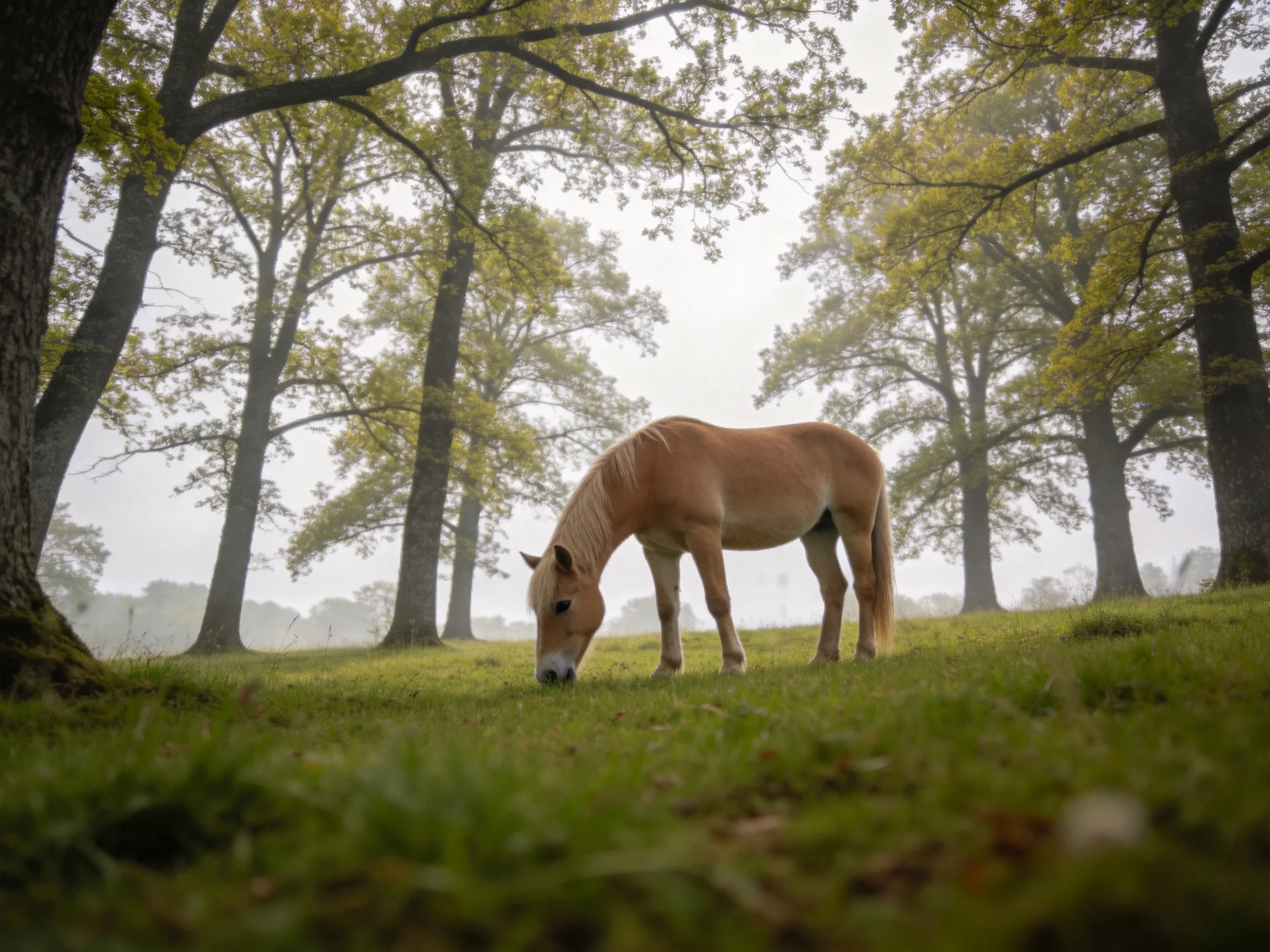 A light brown pony grazes in a misty forest clearing surrounded by tall trees.