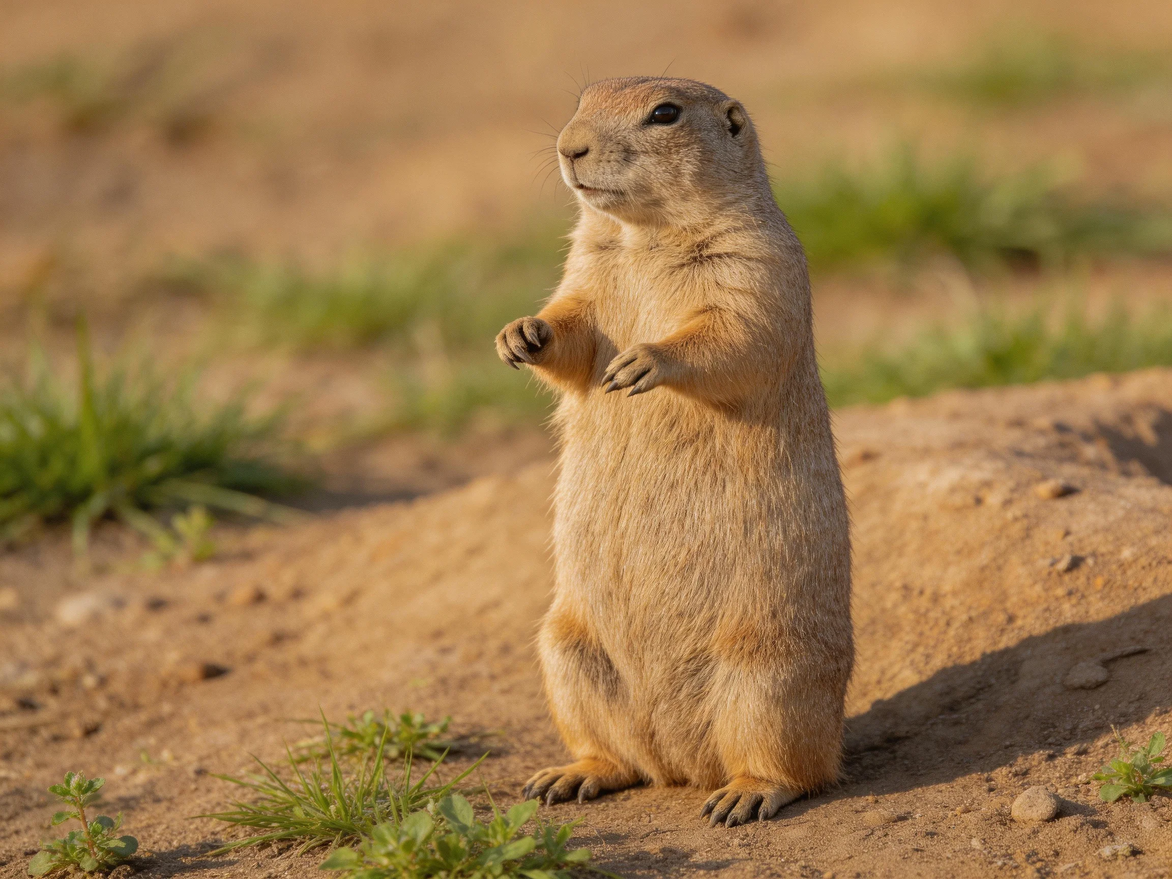 A light brown prairie dog stands upright on sandy terrain with small green plants