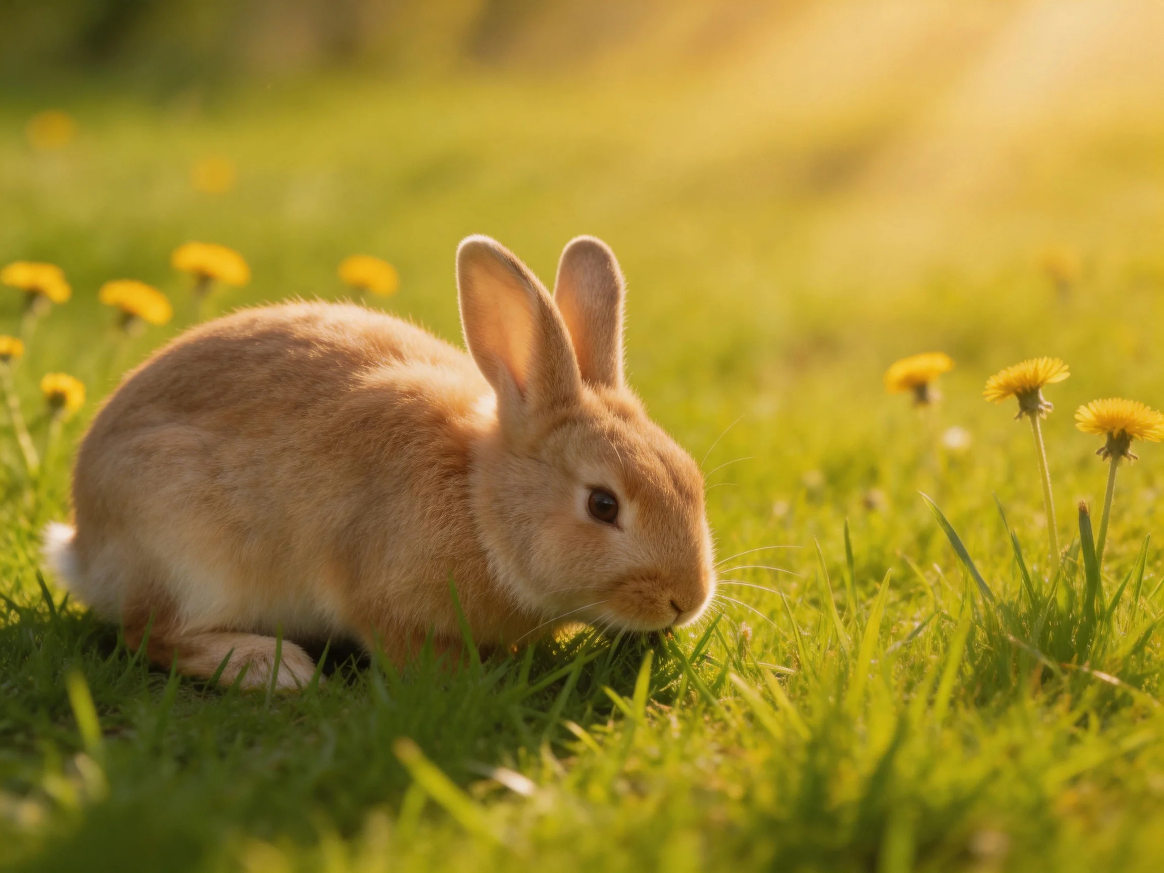 A light brown rabbit grazing amid lush green grass and bright yellow dandelions