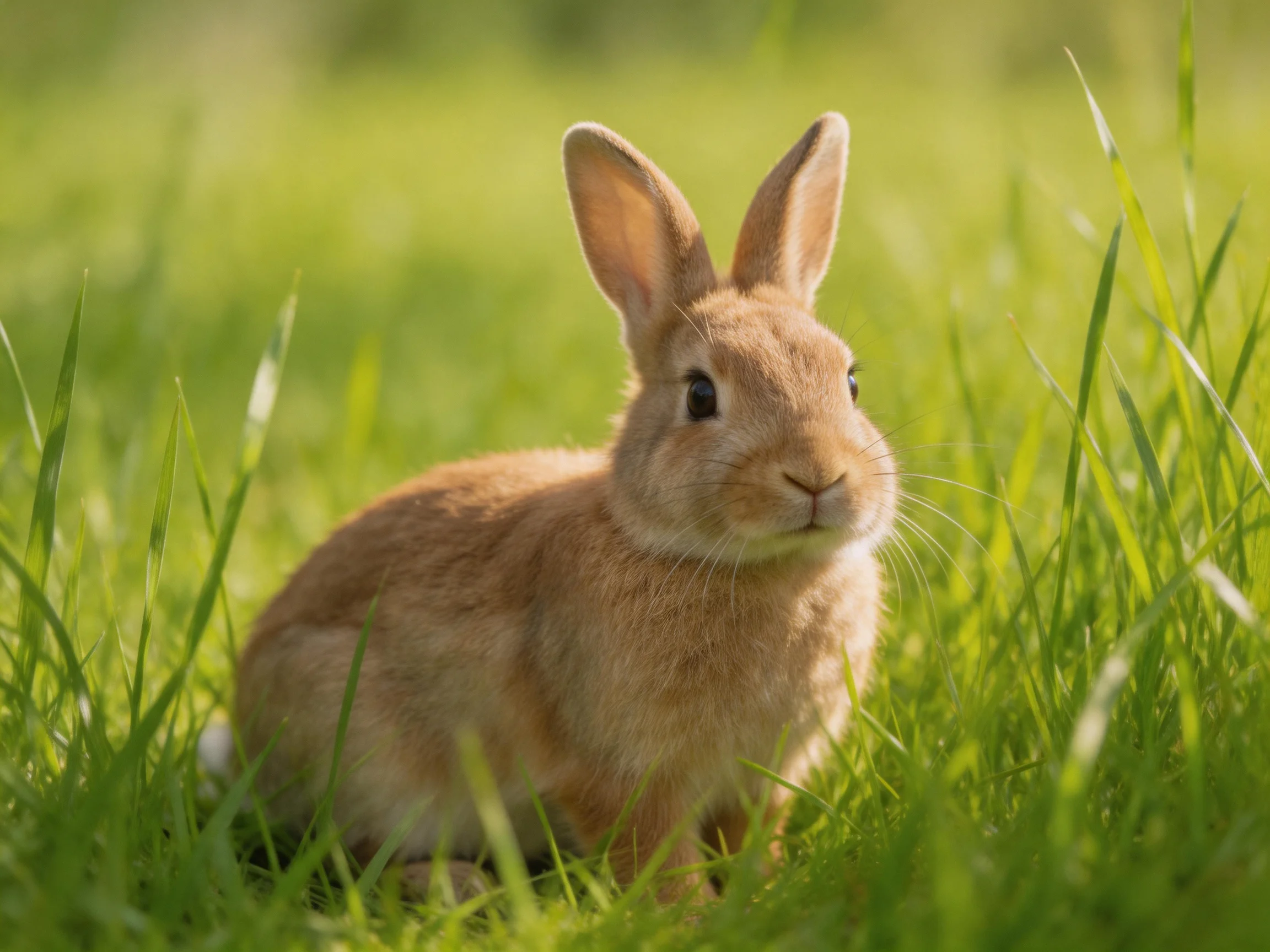 A light brown rabbit resting in lush green grass