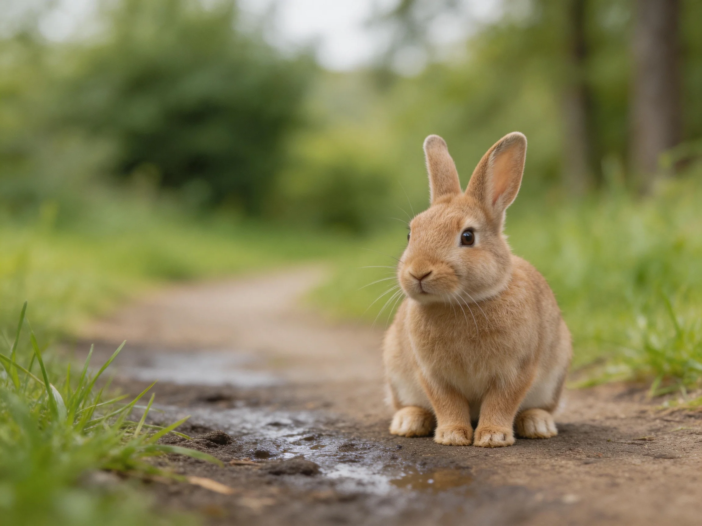 A light brown rabbit sits alone on a damp forest path