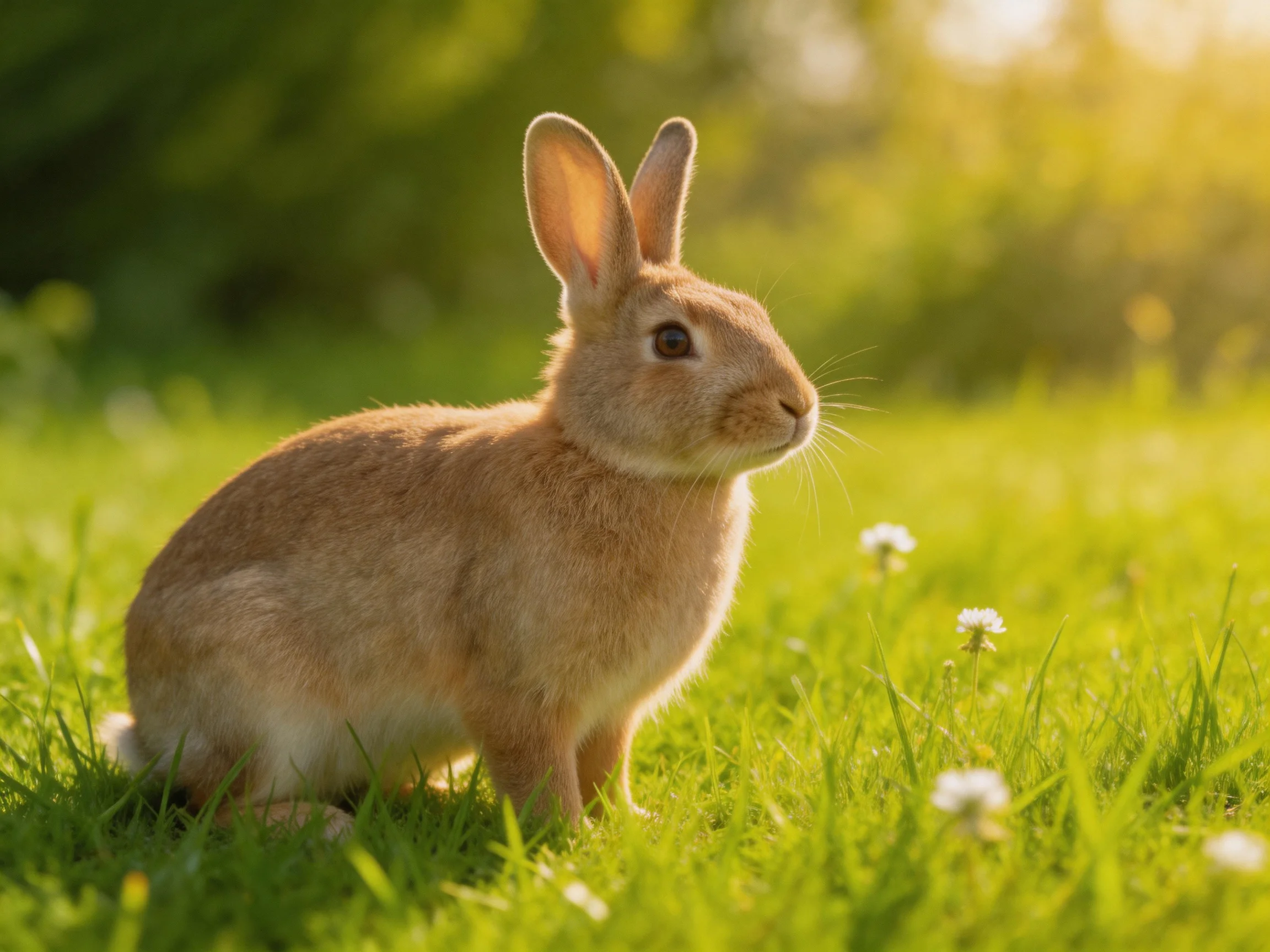 A light brown rabbit sits on green grass near small white flowers in a sunlit area.