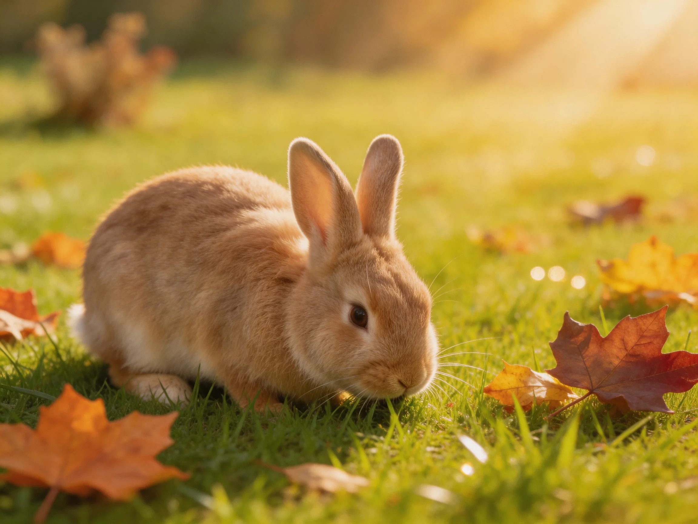A light - brown rabbit explores green grass with autumn leaves in a sunlit area.