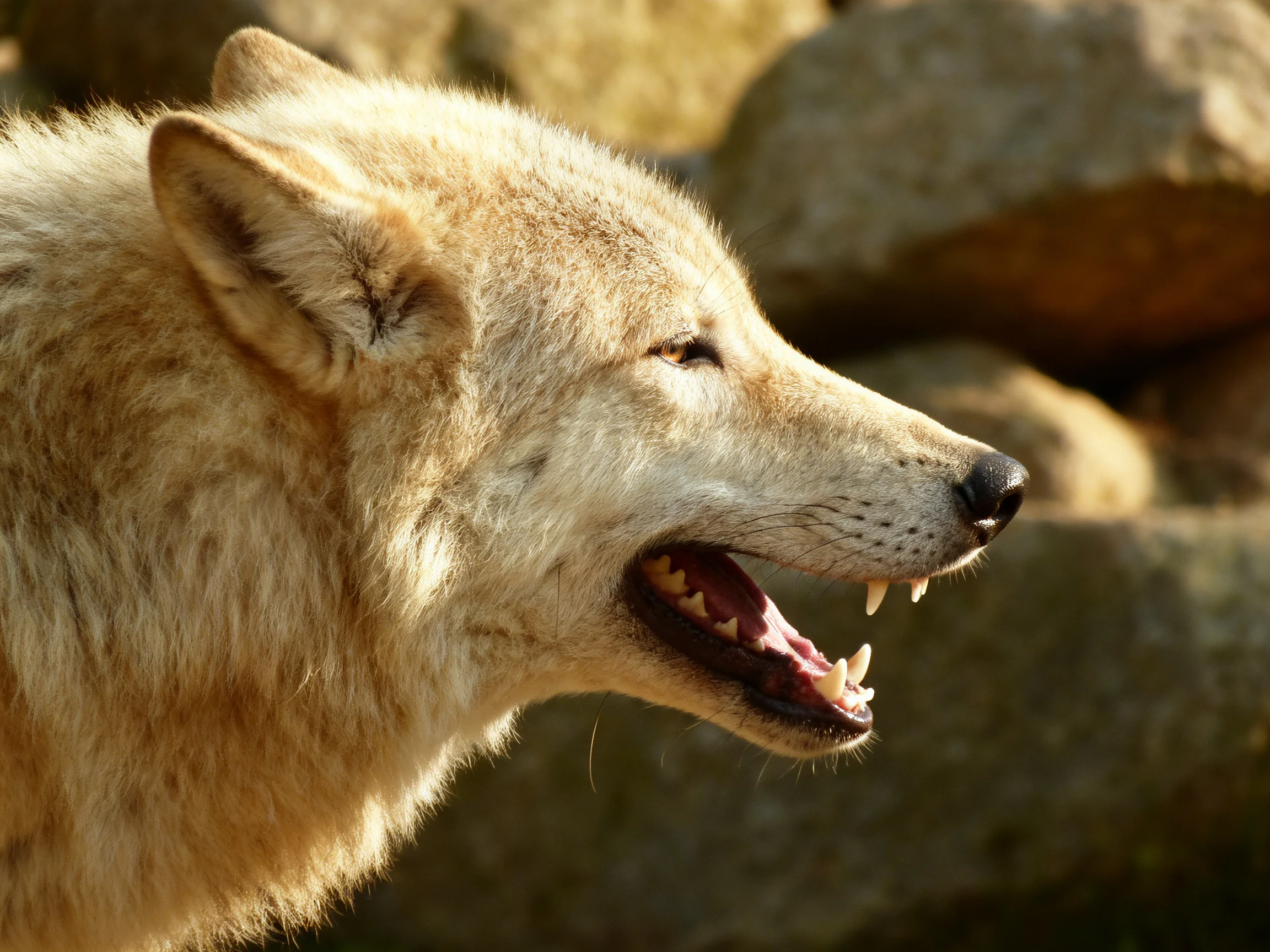 A light brown wolf displays its teeth near large rocks.